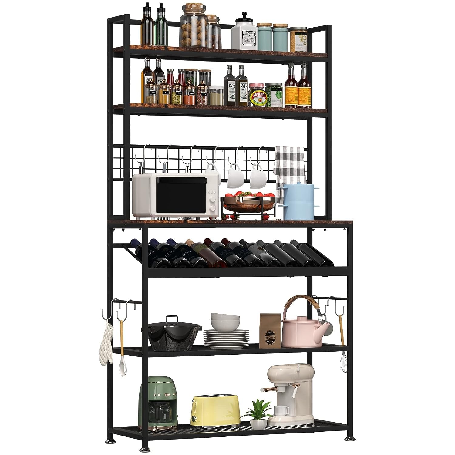 ROYAL POLAR Kitchen Storage Rack Kitchen Shelves Baker's Rack with Microwave Stand, Glass Cabinet, ndustrial