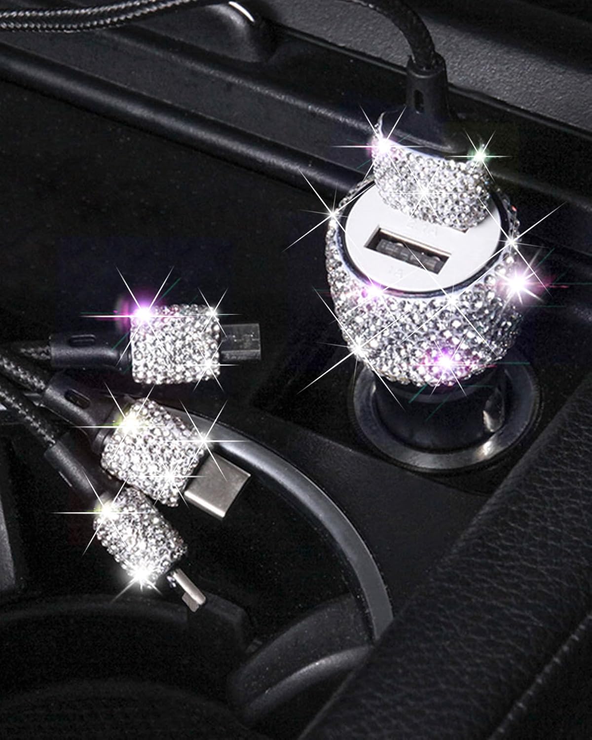 Bling USB Car Charger 5V 2.4A White Crystal Decor Dual Port Fast Adapter with 4ft Nylon Type C Micro USB 3 in 1 Multi Charging Cable for iPhone iPad Android, Auto Interior Accessories for Women - Image 2