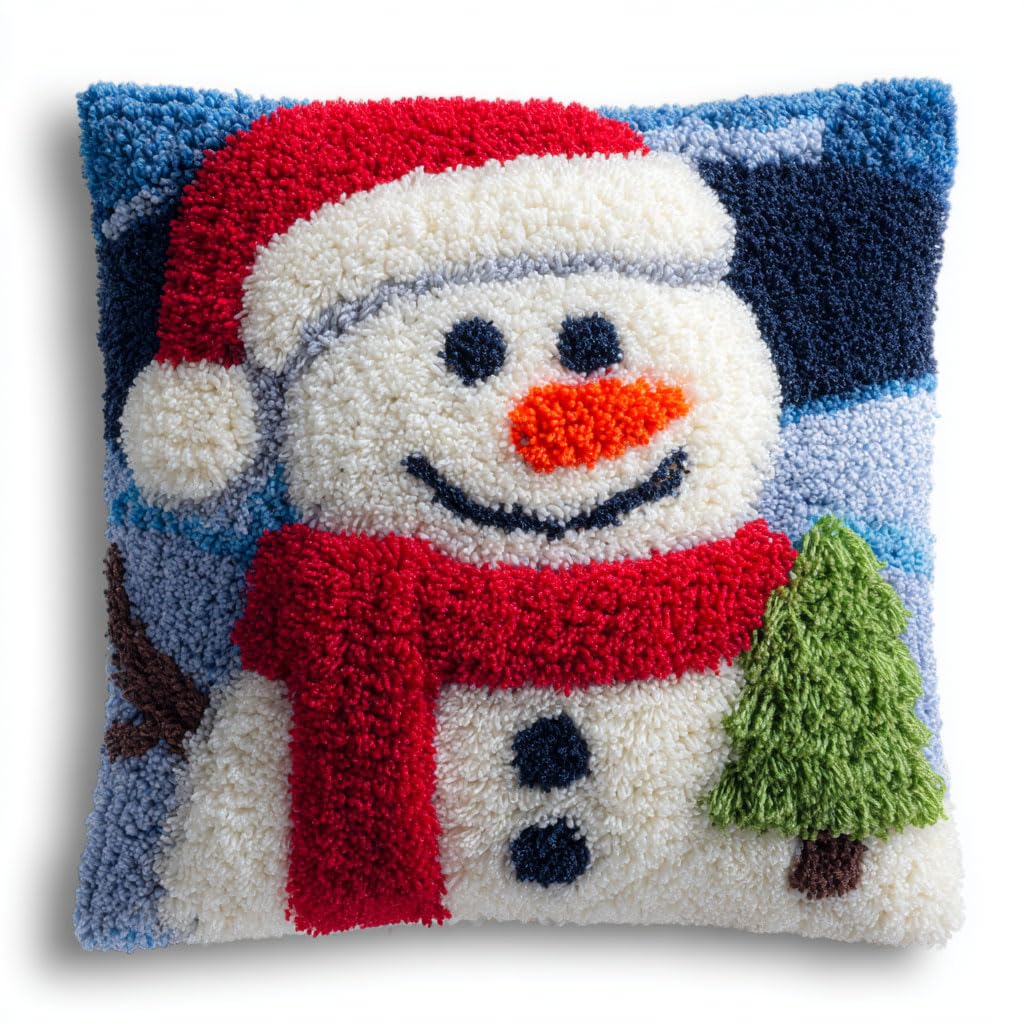 Henypt Latch Hook Kits-G Latch Hook Kits, Cartoon Snowman Embroidery Art Kits, Latch Hook Pillow Kit, 17X17inch Diy Handmade Pillowcase Pre-Printed Pattern Needlework Crochet Craft Kit