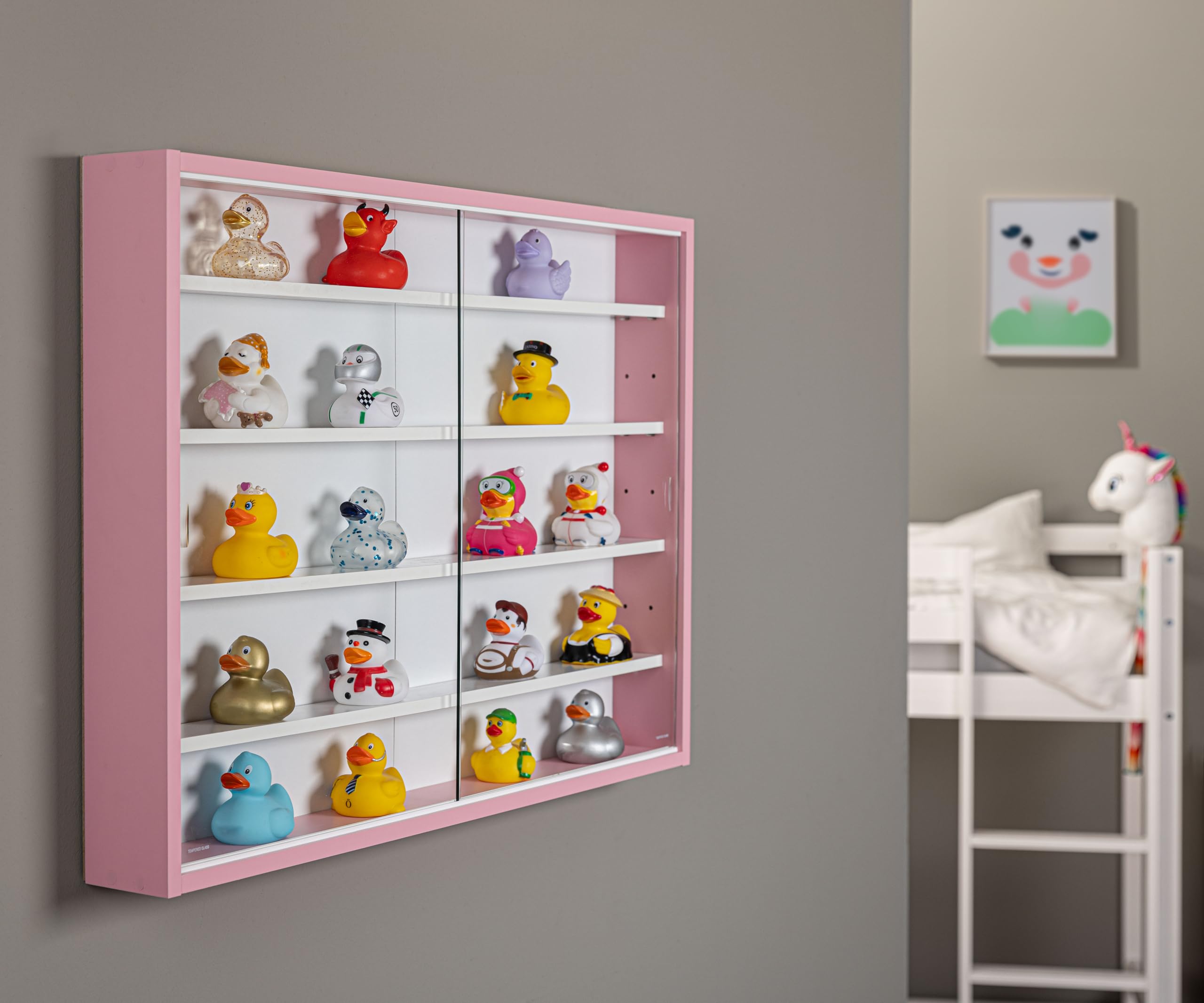 Inter Link - Espositore da parete per collezionismo in vetro Scaffale appeso Armadio con 4 ripiani 5 scomparti per miniature Pannello in MDF Rosa (80x60x9,5 cm) Pinkruby
