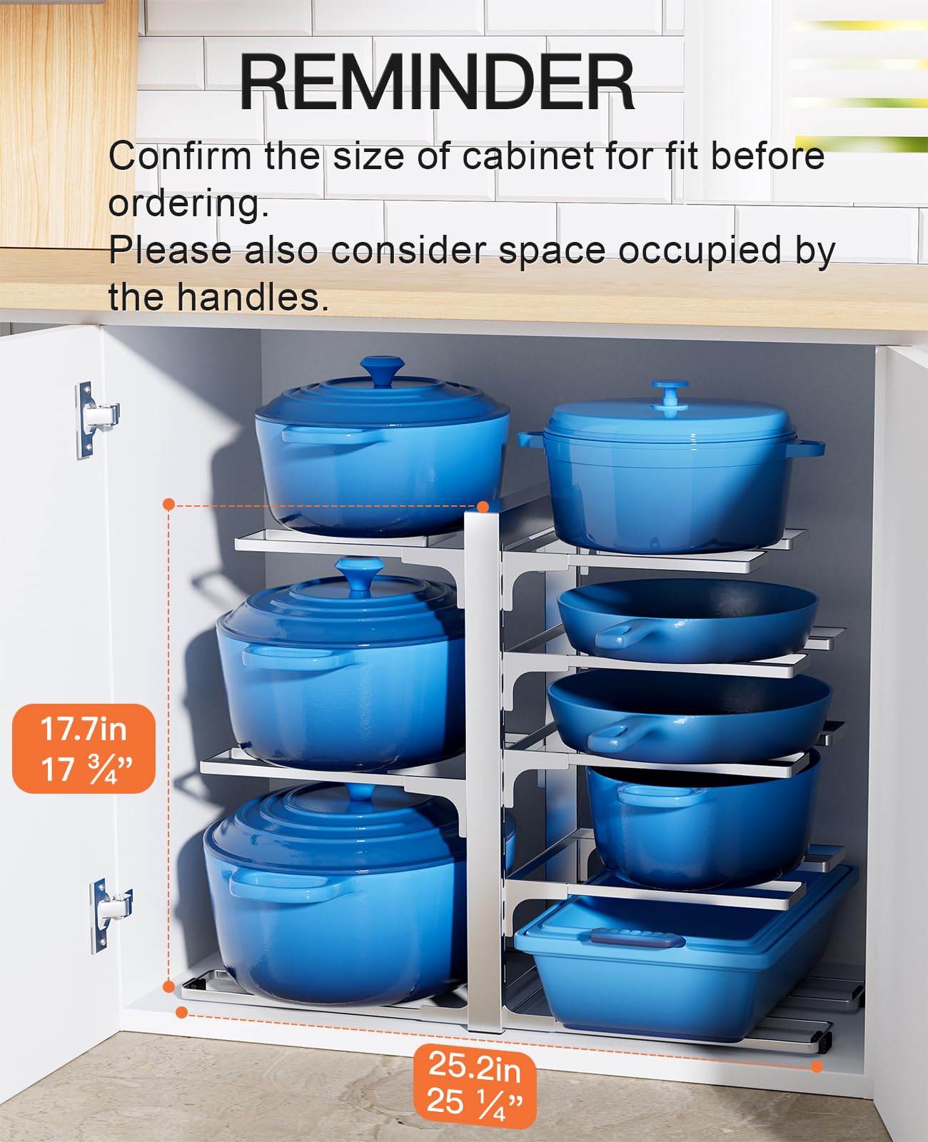 ORDORA Organizer per pentole e padelle a 8 livelli, organizer per mobili da cucina, resistente fino a 54,4 kg, organizer per pentole e padelle all'interno dell'armadio, regolabile, argento