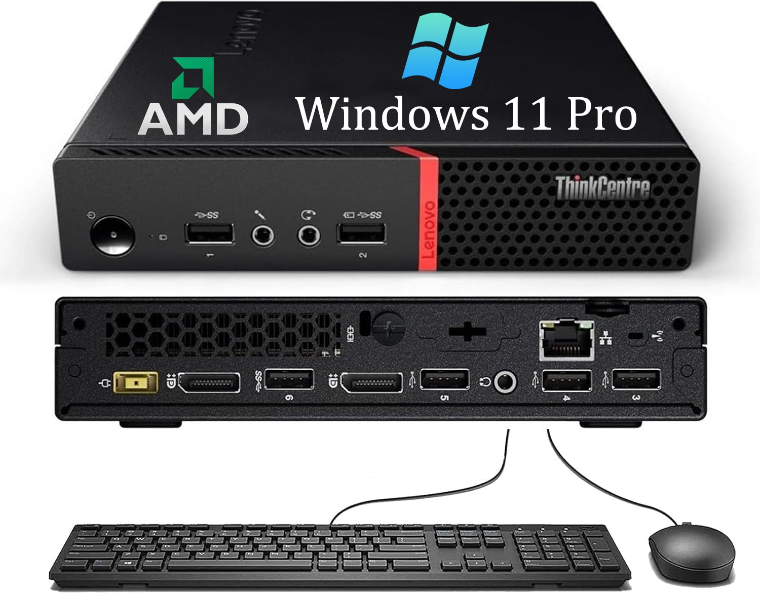 Lenovo ThinkCentre M715Q Mini Desktop Computer PC, AMD Ryzen Pro A6-9500, 8 GB RAM, 256 GB SSD, WiFi, Bluetooth, US QWERTY Tastatur, Windows 11 Pro (Generalüberholt)