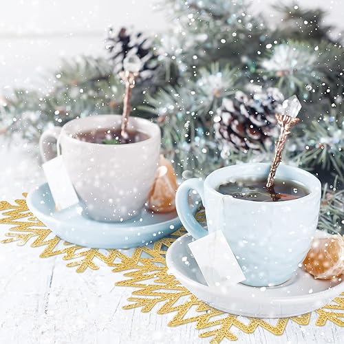 Miniatura 5 de Juego de 6 manteles individuales de Navidad con copos de nieve de 15 pulgadas, manteles individuales de invierno dorados con aislamiento térmico,