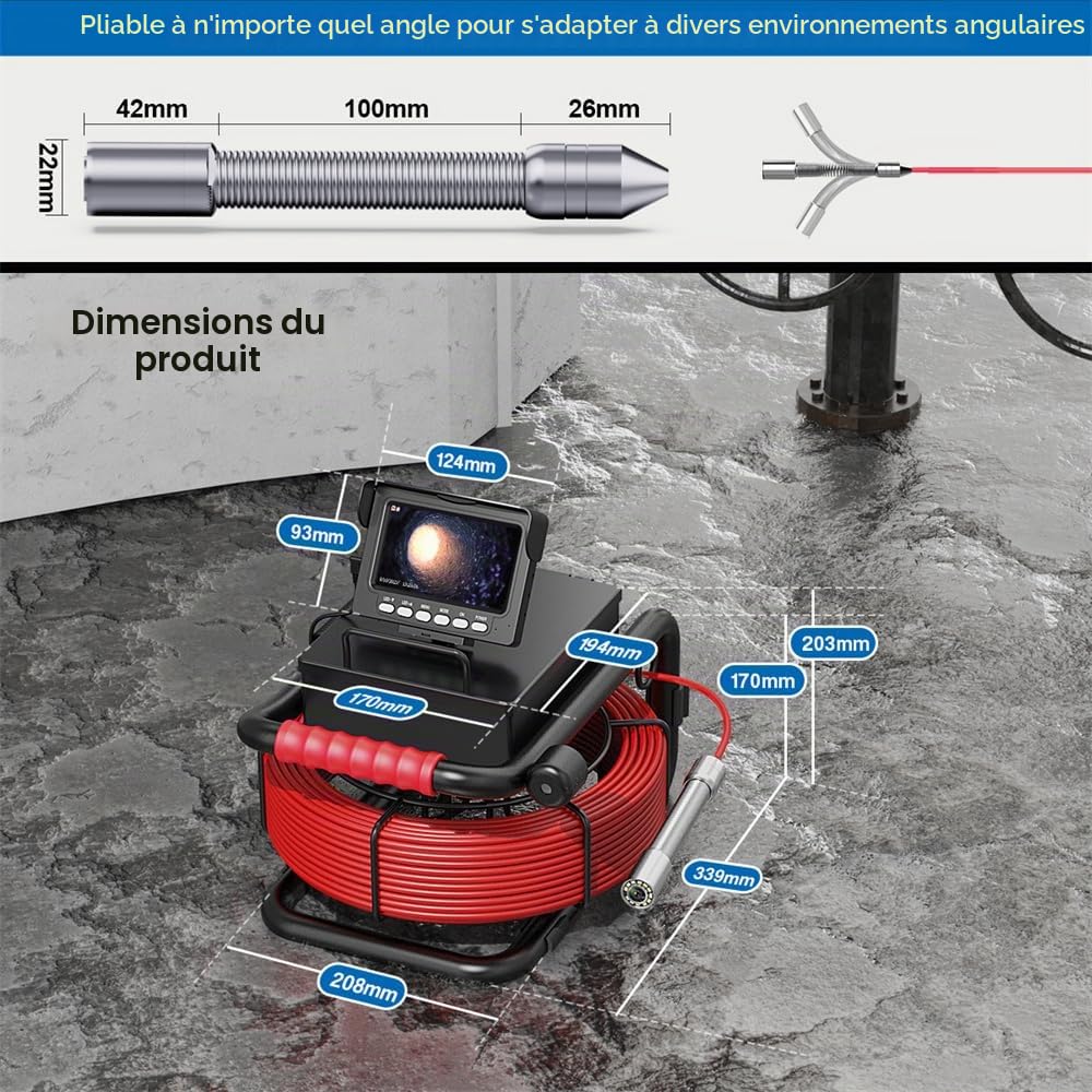 Camera d'inspection Canalisation avec DVR, 4.3" Caméra Endoscopique Étanche IP68 Écran LCD, Endoscope Industriel de 12 LED pour l'inspection des Égouts