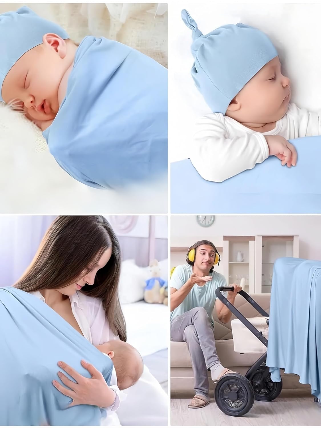 Baby Receiving Blankets with Matching Beanie Set Newborn Nursery Swaddle Unisex Swaddle Wrap Soft Silky Neutral for Baby Girls and Boys (Blue) - Image 4
