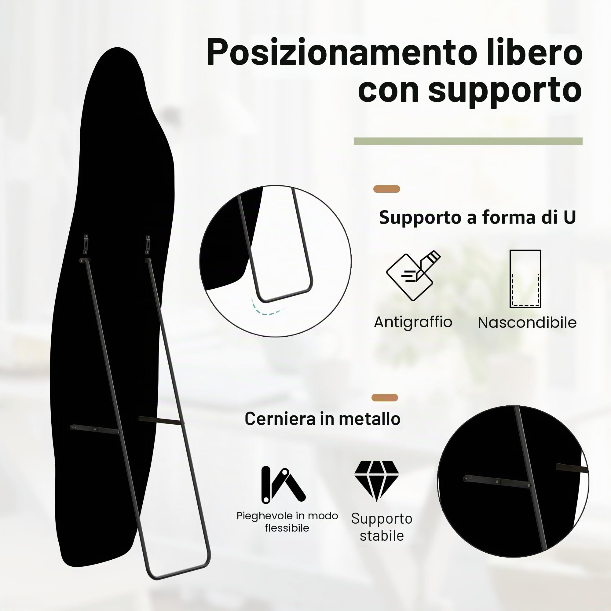 BRILVERDE Specchio a figura intera a forma di delfino, specchio da terra asimmetrico con cornice in velluto, specchio da vestizione per soggiorno, camera da letto, da appendere e da appoggiare (nero