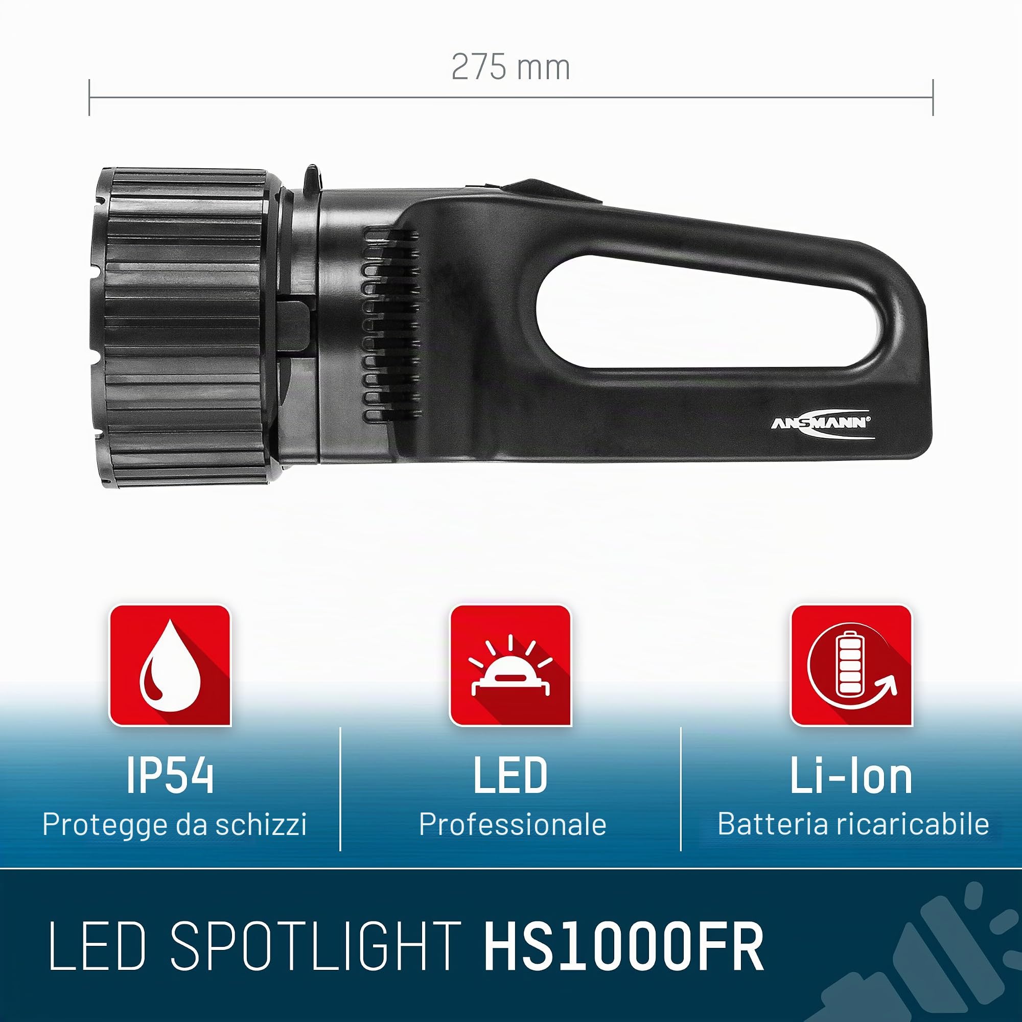 ANSMANN lampada da lavoro LED Future HS1000FR con 5 W e 330 lumen incl. batteria integrata agli ioni di litio e stazione di ricarica - Lampada portatile a LED ideale come lampada da officina