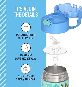 THERMOS FUNTAINER Water Bottle with Straw - 12 Ounce - Kids Stainless Steel Vacuum Insulated Water Bottle with Lid, Bluey