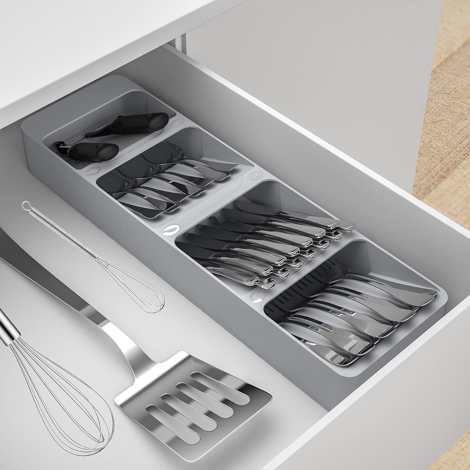 HOTEC Kitchen Drawer Organizer Tray Compact Cutlery Organizer Tray Box for Silverware Cutlery Spoon Knife and Fork Partition Storage,Set of 2, Grey