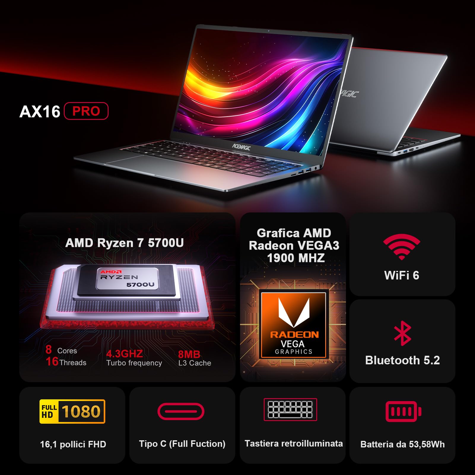 ACEMAGIC Gaming PC Portatile A-MD Ryzen 7 5700U,Fino a 4,3GHz,16,1 Pollici PC Portatile in Offerta,RAM 16GB SSD 512GB,Tastiera Retroilluminata Laptop,Metallgehäuse,WiFi6,HDMI