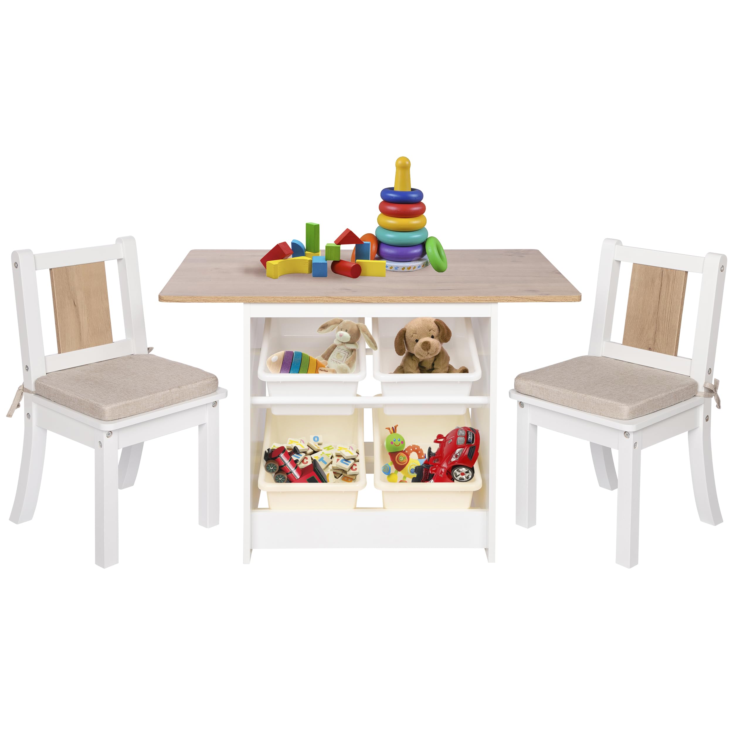 ONVAYA® Kindertisch-Set mit Stühlen | Weiß-Holz | Kindersitzgruppe mit Stauraum | Kindermöbel-Set mit Tisch und 2 Stühlen | Kindertischgruppe aus Holz | Sitzgruppe fürs Kinderzimmer