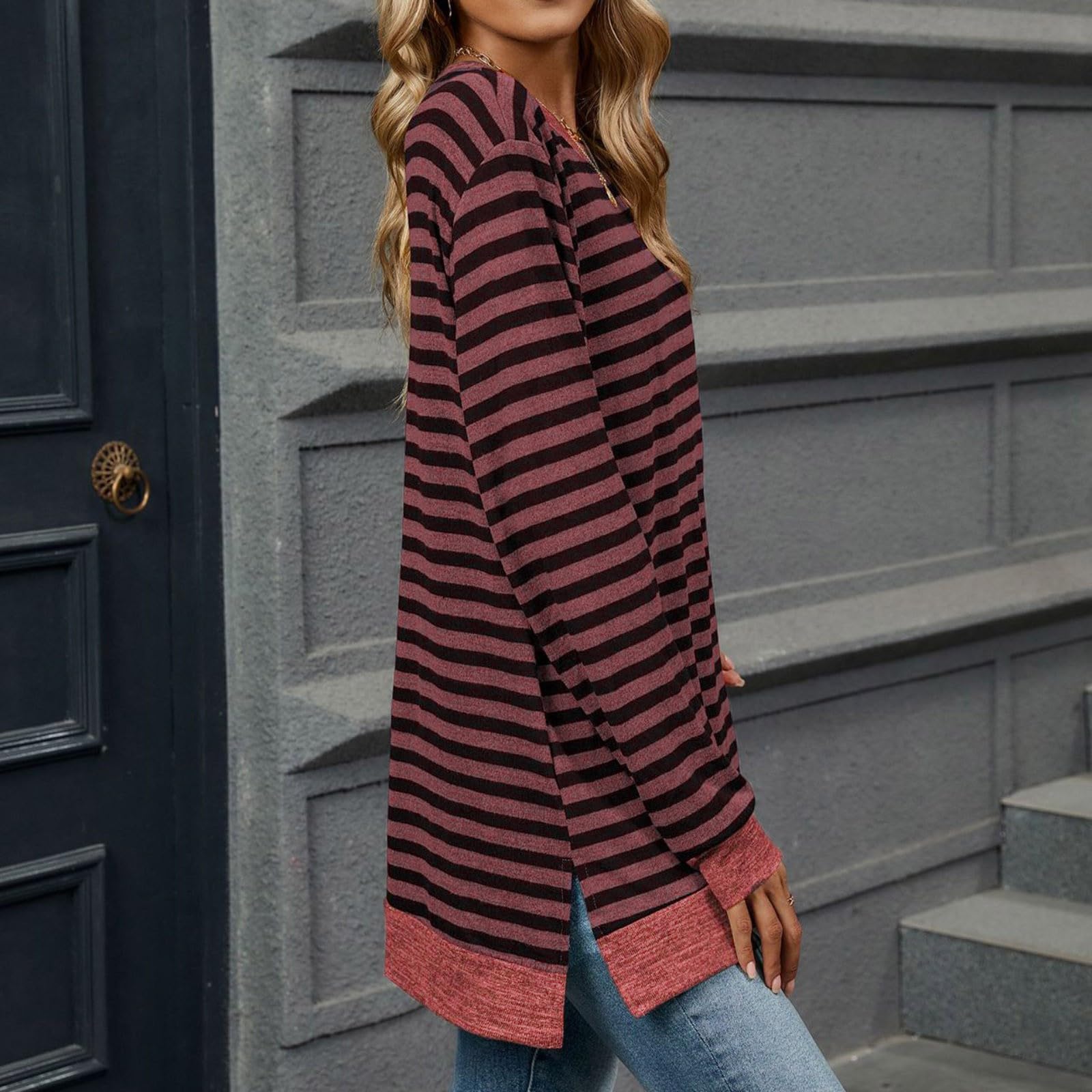 Disfraz de palomitas de maíz Conjunto de moda para mujer Casual e Invierno Cuello Redondo Camiseta a Rayas Manga Larga Blusa Top