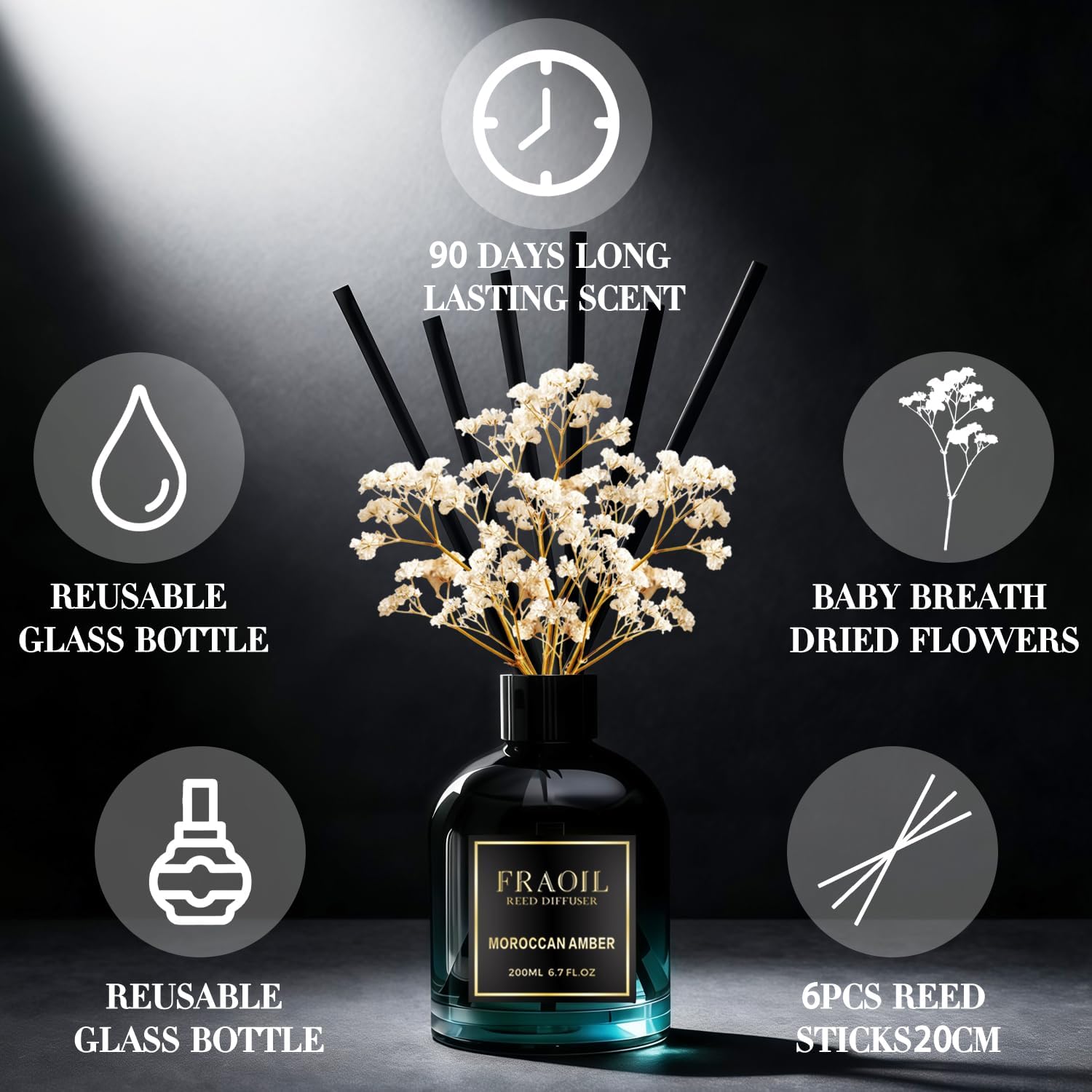 Moroccan Amber Reed Diffuser, Reed Diffuser Set 6.7 fl oz (200 ml) with 6 Reed Sticks, Home Fragrance Reed Diffuser for Bathroom Shelf House Bedroom Office Decor - Image 3