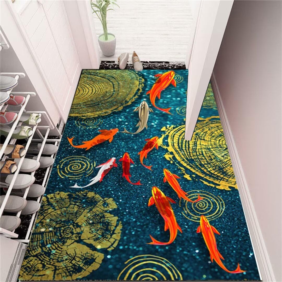 Tapis motif stéréoscopique bleu effet 3D à poil court résistant