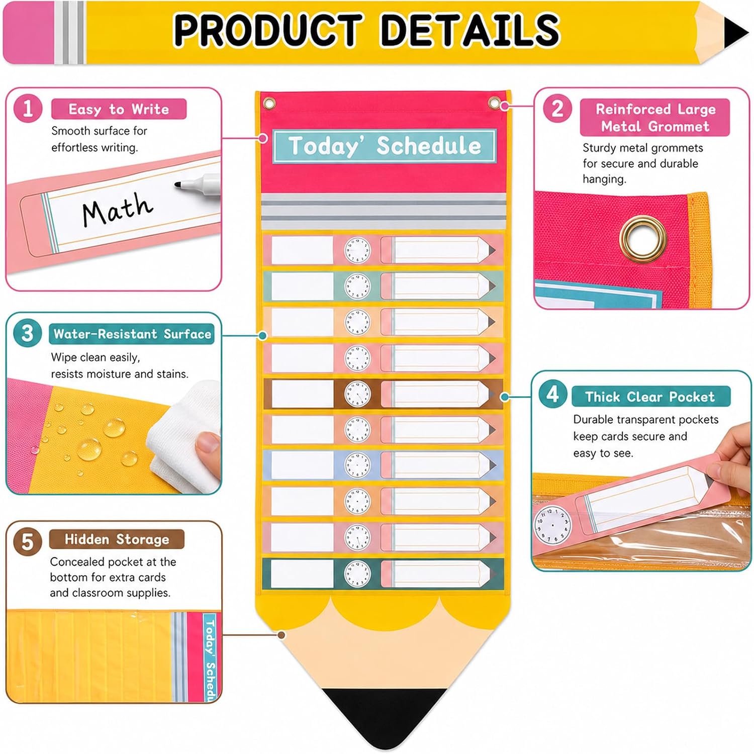 Pencil Theme Daily Schedule Classroom Calendar Chart with 20 Reusable Dry Erase Cards 55 Date Cards Back to School Pencil Shape Classroom Pocket Calendar and Schedule Organizer for School Office Decor image 3