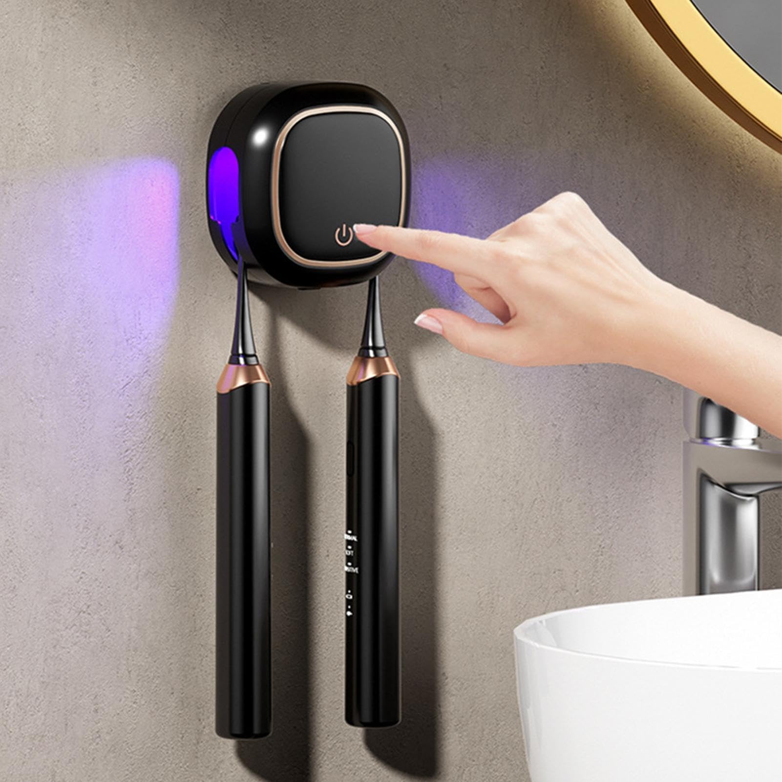 Sterilizzatore UV per spazzolino da denti, ricaricabile a parete, con supporto e 2 scomparti per riporre il bagno, non richiede fori