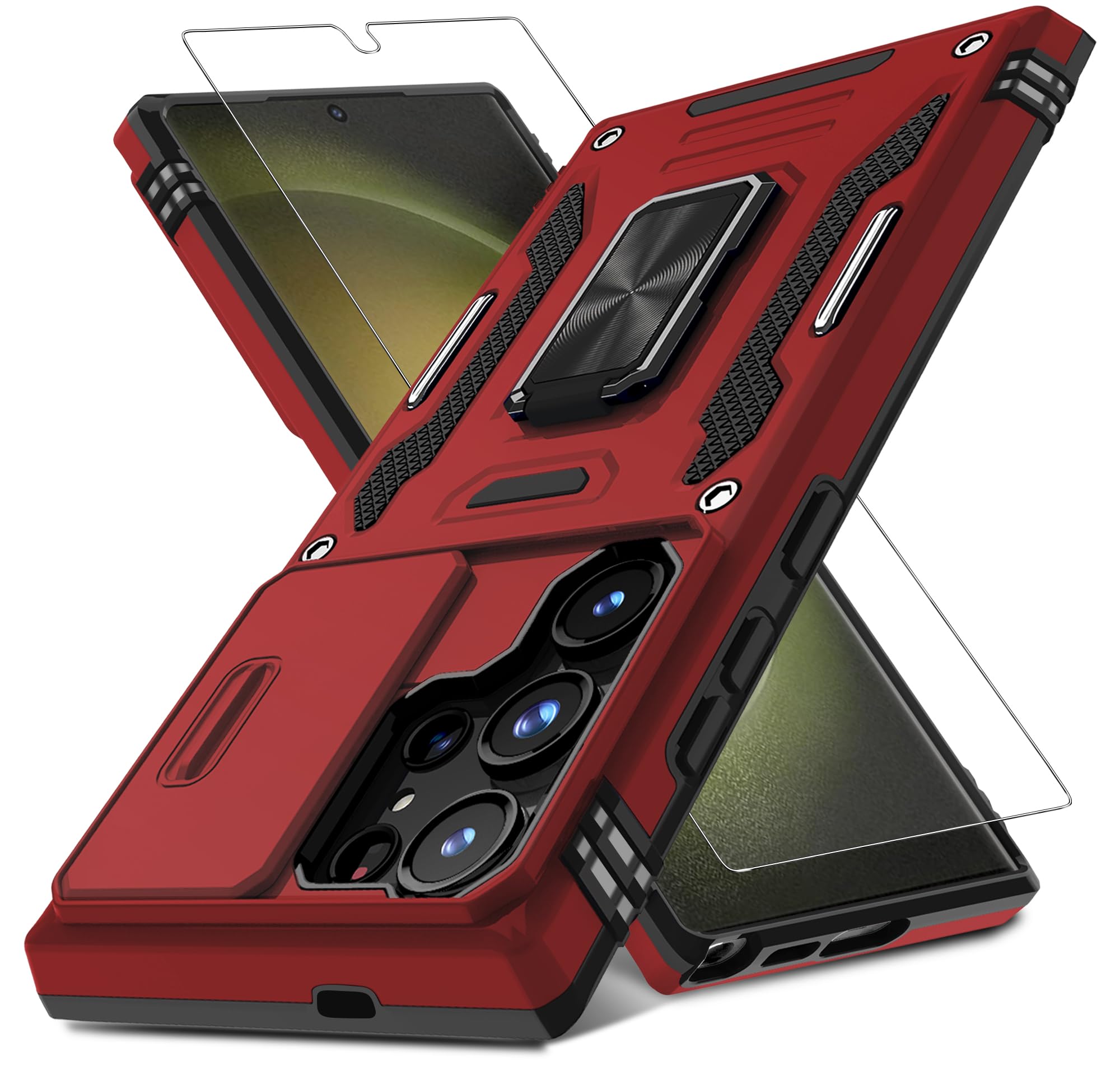 DEERLAMN Case for Samsung Galaxy S24 Ultra with Slide Camera Cover+Screen Protector (1 Pack), Rotated Ring Kickstand Military Grade Shockproof Protective Cover-Red
