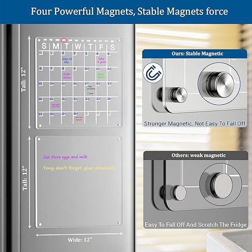 Miniatura 2 de Calendario acrílico para nevera, juego de 2 piezas con 4 marcadores de borrado en húmedo de 12 x 12 pulgadas, pequeño calendario magnético para