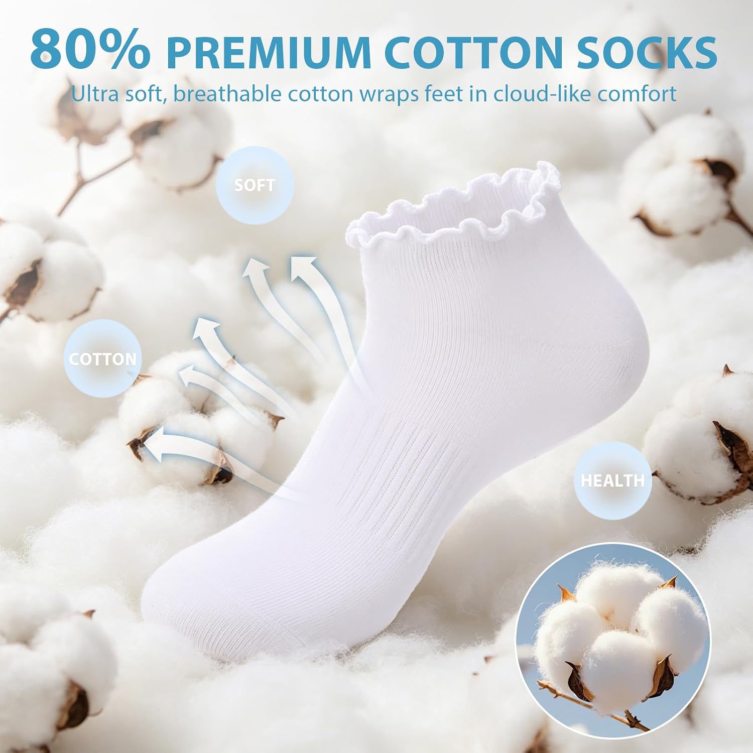 Women's No Show Socks, 8 Pairs Ruffle Ankle Socks Cute Cotton Low Cut Sock Non Slip Frilly Breathable Sock