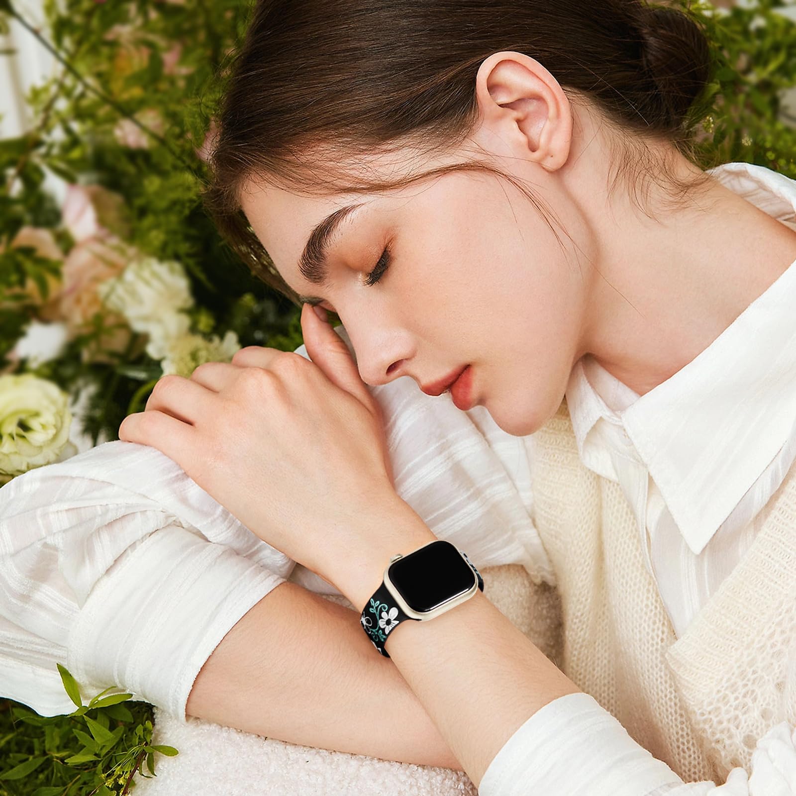 Witzon Correa floral compatible con correas de Apple Watch para mujer de 40 mm, 41 mm, 38 mm, 42 mm, 44 mm, 45 mm, 46 mm, 49 mm, correa de silicona grabada con bonitas flores para iWatch Series 10, 9