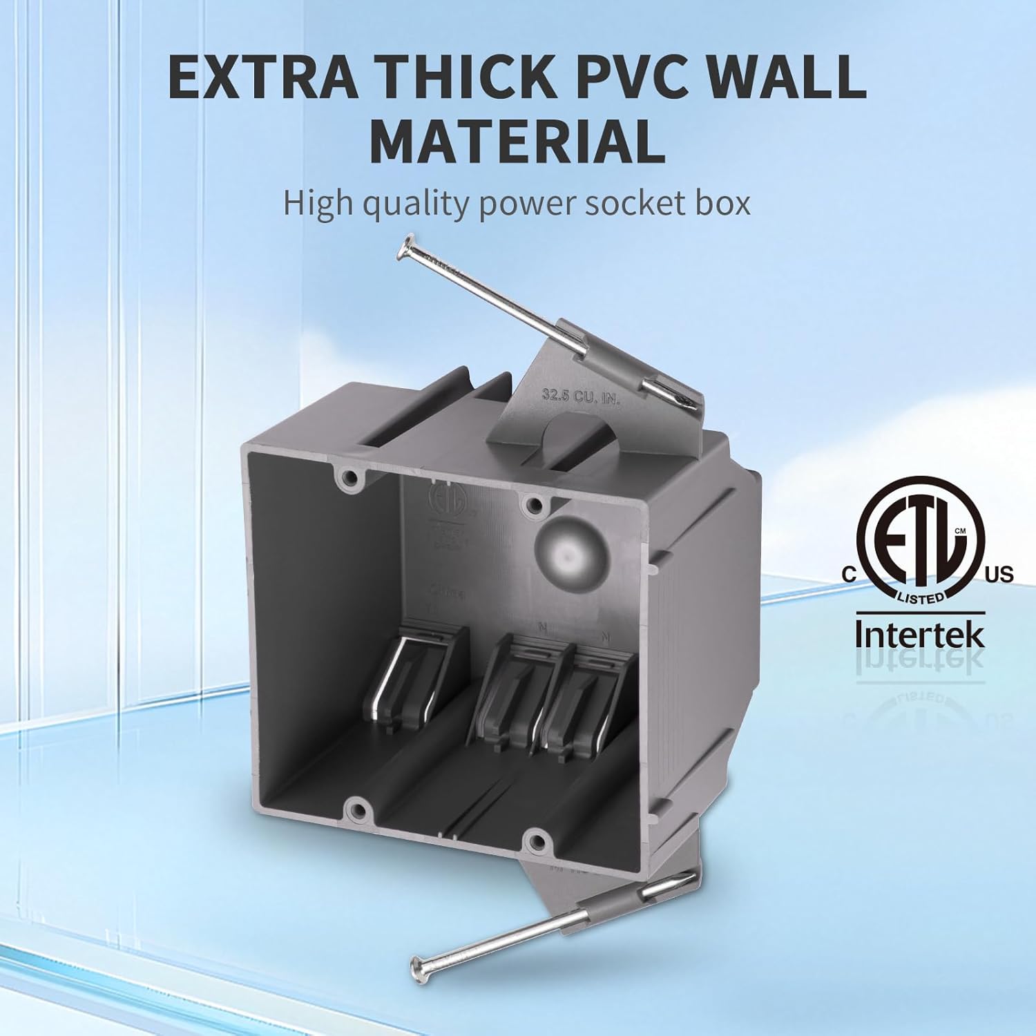 100 PK New Work Electrical Nail Outlet Box 2-Gang PVC, 32 Cubic Inch Switch Box, ETL Listed to UL514C and UL263, 2 Hour Fire Rating New Work Box, Gray