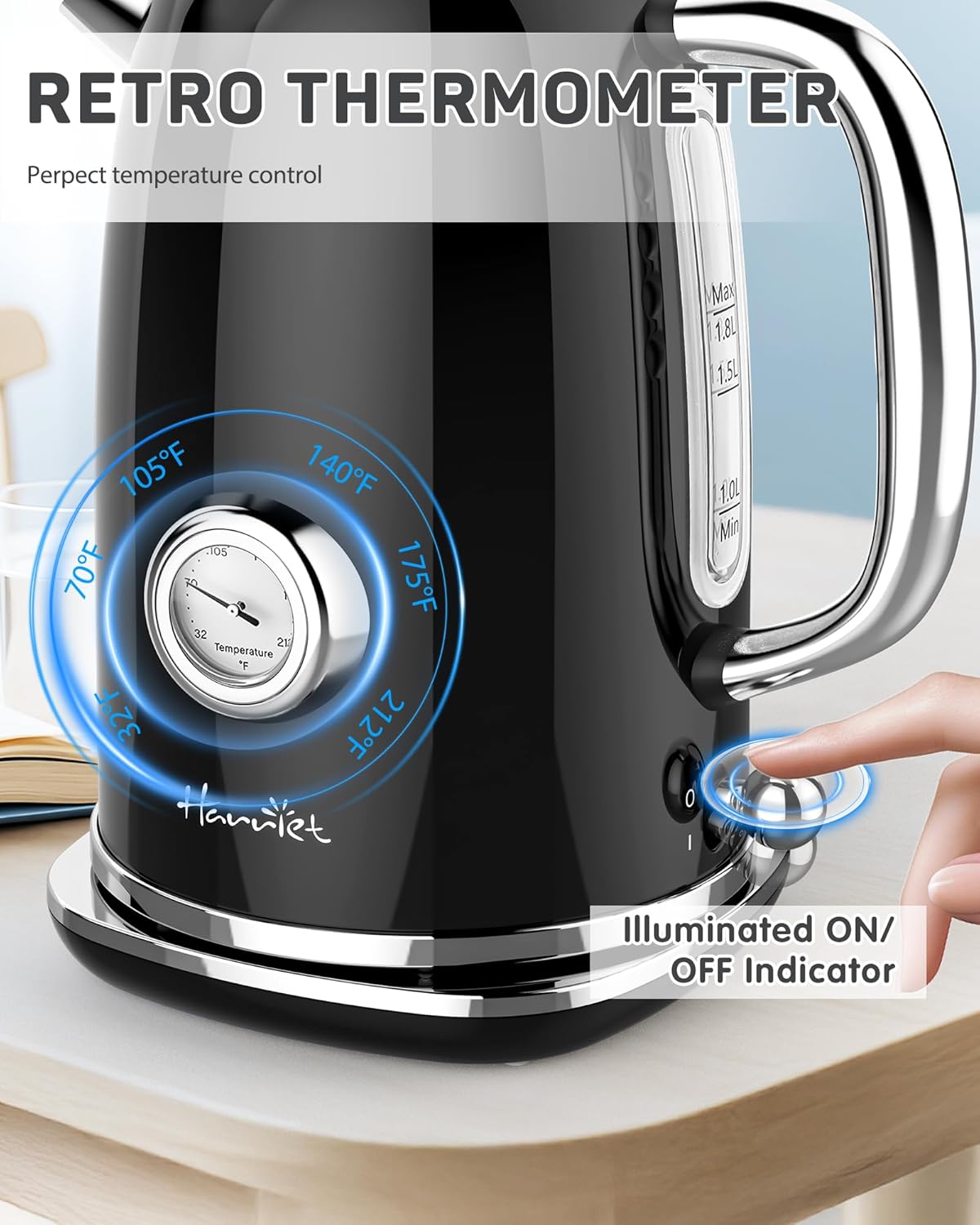 Harriet Electric Kettle, 1.8L Retro Electric Tea Kettle with Thermometer, 1500W Stainless Steel Hot Water Kettle Electric with LED Indicator, Fast Boiling, Cordless, Auto Shut-Off, Black