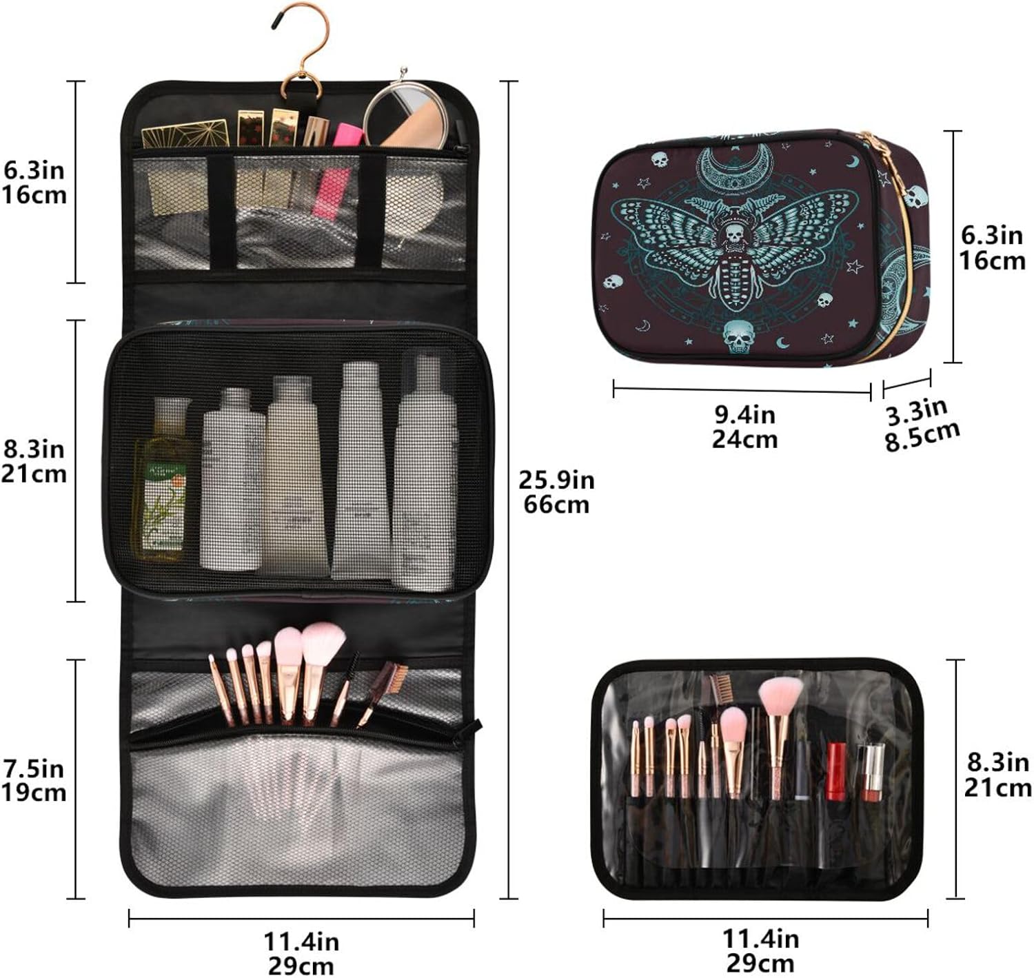 MNSRUU Toiletry Bag Butterfly Skull Mysticism Hanging Makeup Bag for Toiletries 3 PCS Travel Toiletry Organizer Bags Portable Clear Toiletry Kit