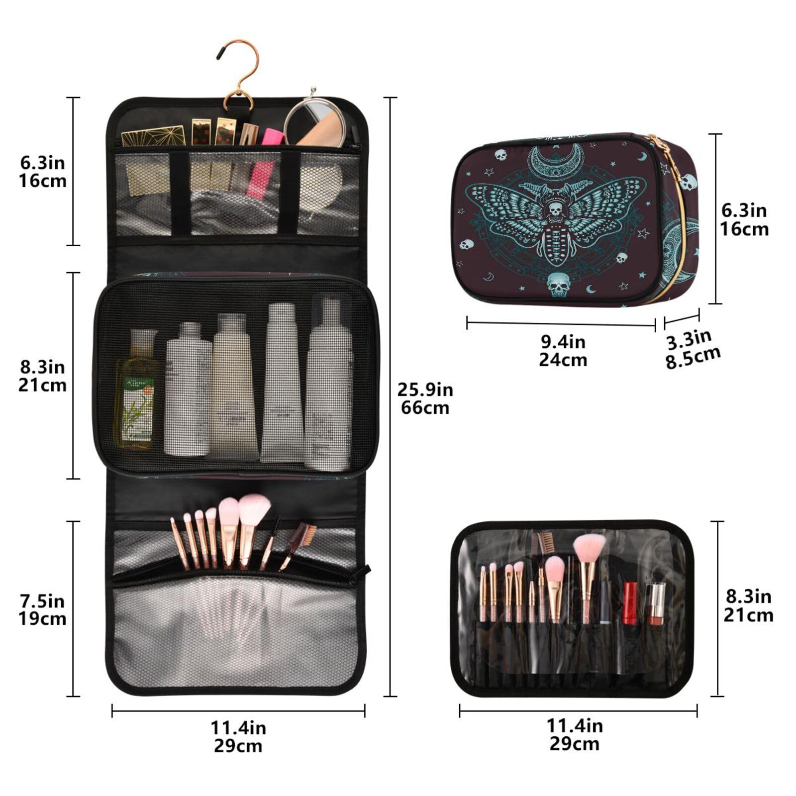 MNSRUU Kulturbeutel Schmetterling Beige Hängende Make-up Reisetasche für Toilettenartikel 3 Stück Kulturbeutel Organizer Taschen Tragbares Klares Toilettenartikel-Set, Totenkopf 09, Einheitsgröße
