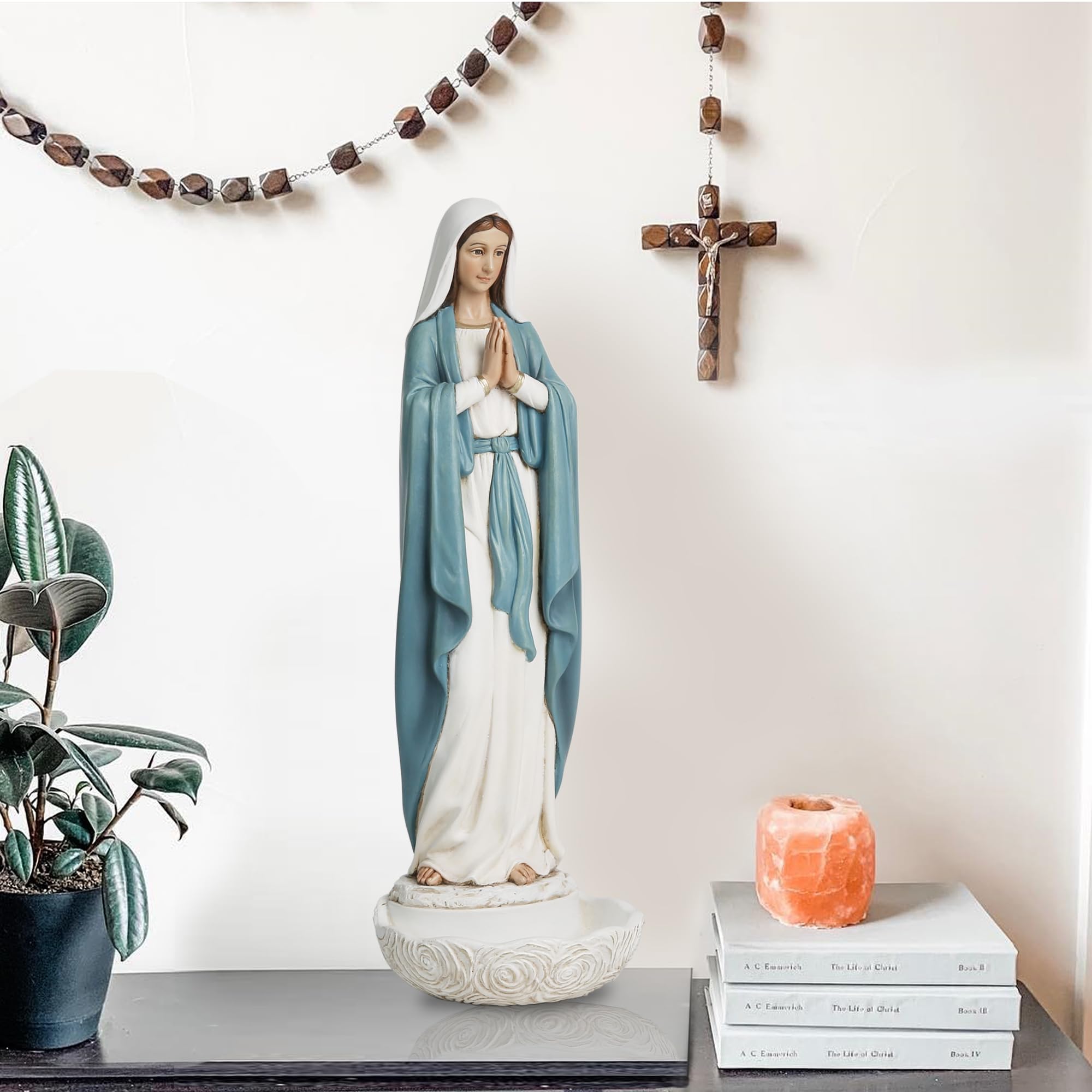 Estatua de Nuestra Señora de Gracia, Soporte de Rosario de la Virgen María, decoración católica de Mesa para el hogar