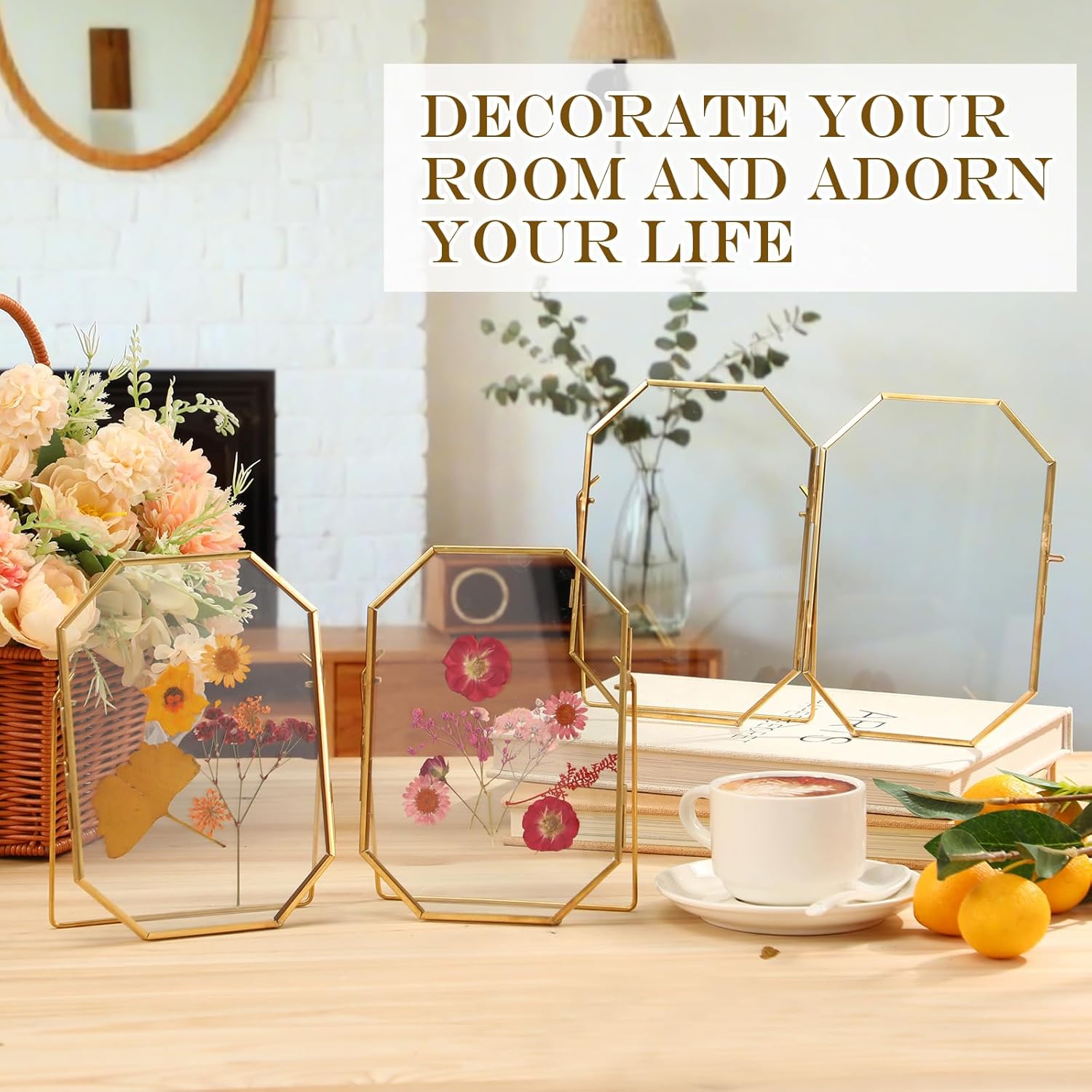 4 Pcs 5 x 7 Inches Glass Pressed Flower Frame Floating Picture Photo Octagon Frame, Double Tabletop Artwork Flower Plant Hanging Display for Home Office Wedding Gifts DIY Decor (Gold)