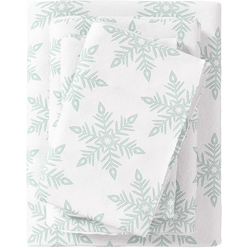 Great Bay Home Flannel Sheet Set Full Size - 100% Turkish Cotton, Double-Brushed, Printed Bed Sheets - Ultra-Soft, Cozy, 4-Piece Bedding Set (Snowflake- Simple White)