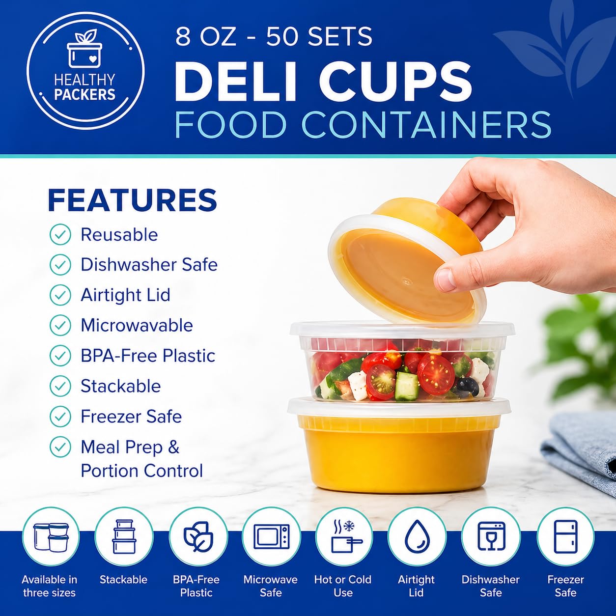 Healthy Packers Plastikowe pojemniki na żywność 235 ml z pokrywkami (zestaw 50 sztuk) | Małe plastikowe garnki, idealne do przygotowywania posiłków, przechowywania żywności i zamrażarki, zup, sosów, przekąsek i wielu innych!