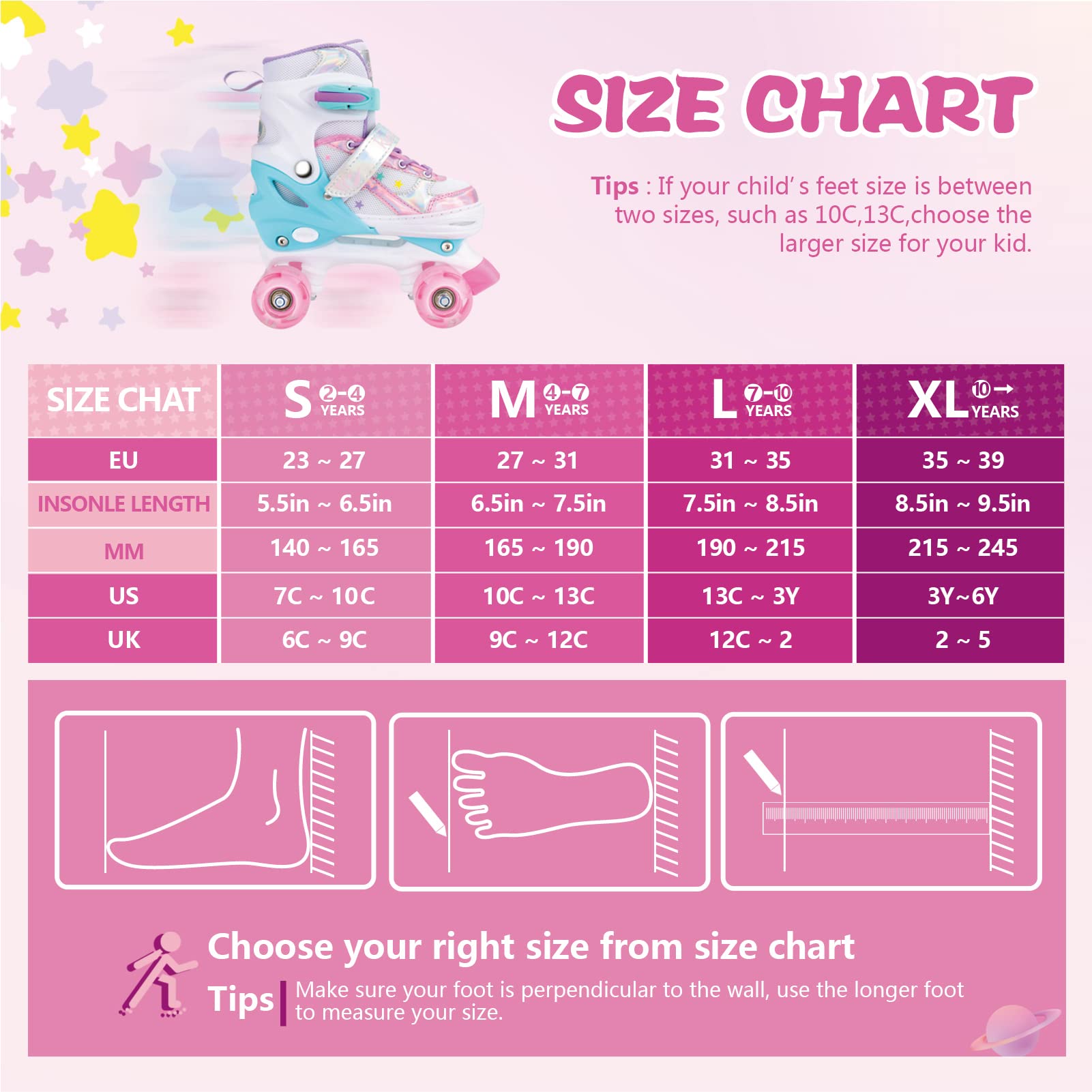 Runcinds Pattini a rotelle per bambini per bambine, bambini, ragazzi, 4 misure regolabili con ruote illuminate