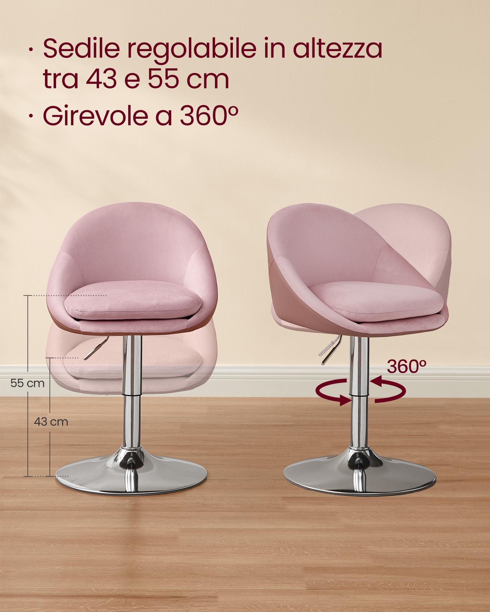 VASAGLE Sedia da Bar Regolabile, Sgabello per Toeletta Trucco, Sedia Girevole da Ufficio, con Schienale e Base, Acciaio, per Cucina Sala da Pranzo, Rosa Pastello e Grigio Argento LJB100R01