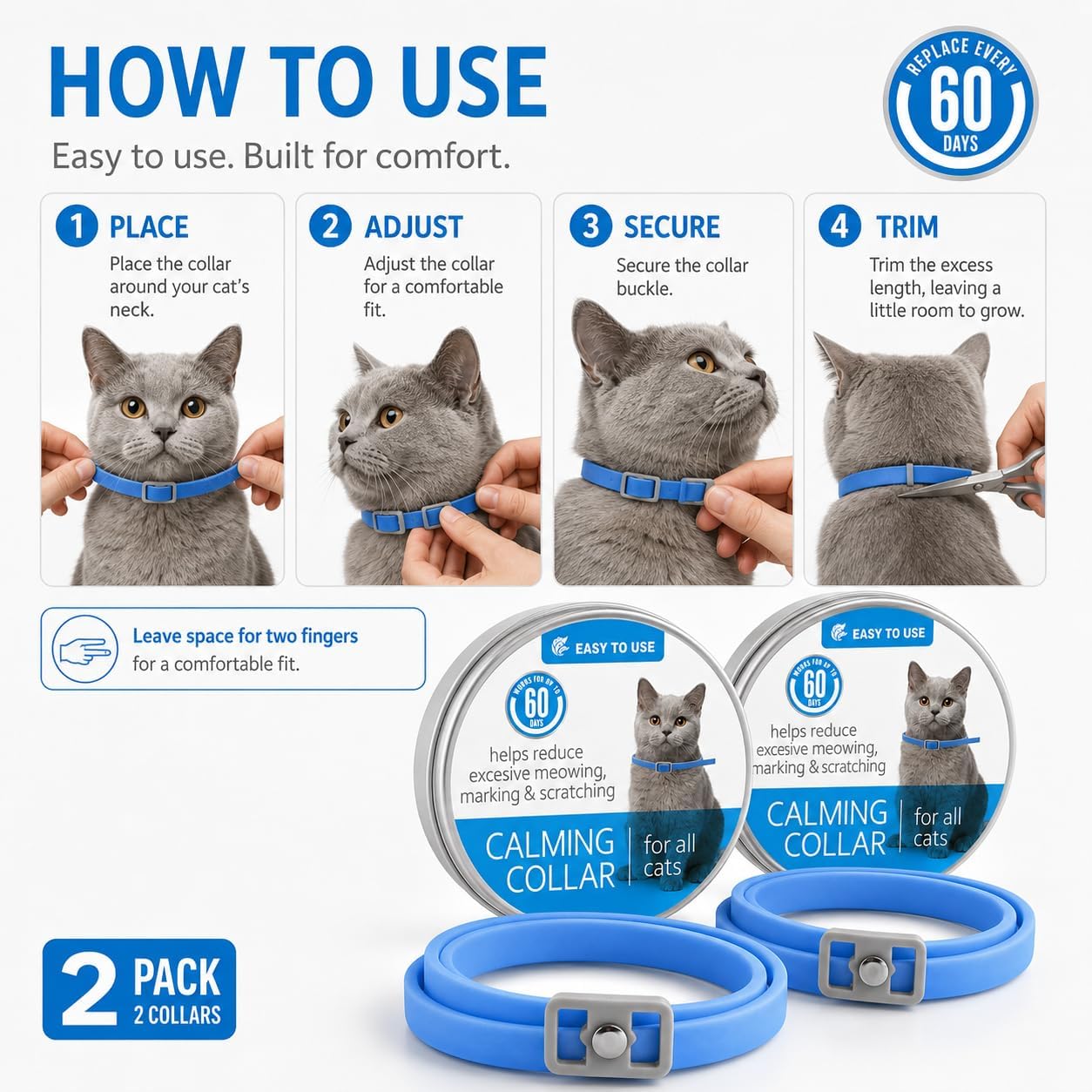 Cats Calming Collar 2 Pack, Adjustable Essential Oil Calming Collar for Cats, Waterproof Comfort Fit, Helps Support Calm Behavior During Travel, Thunder, Grooming & New Home, 62 cm