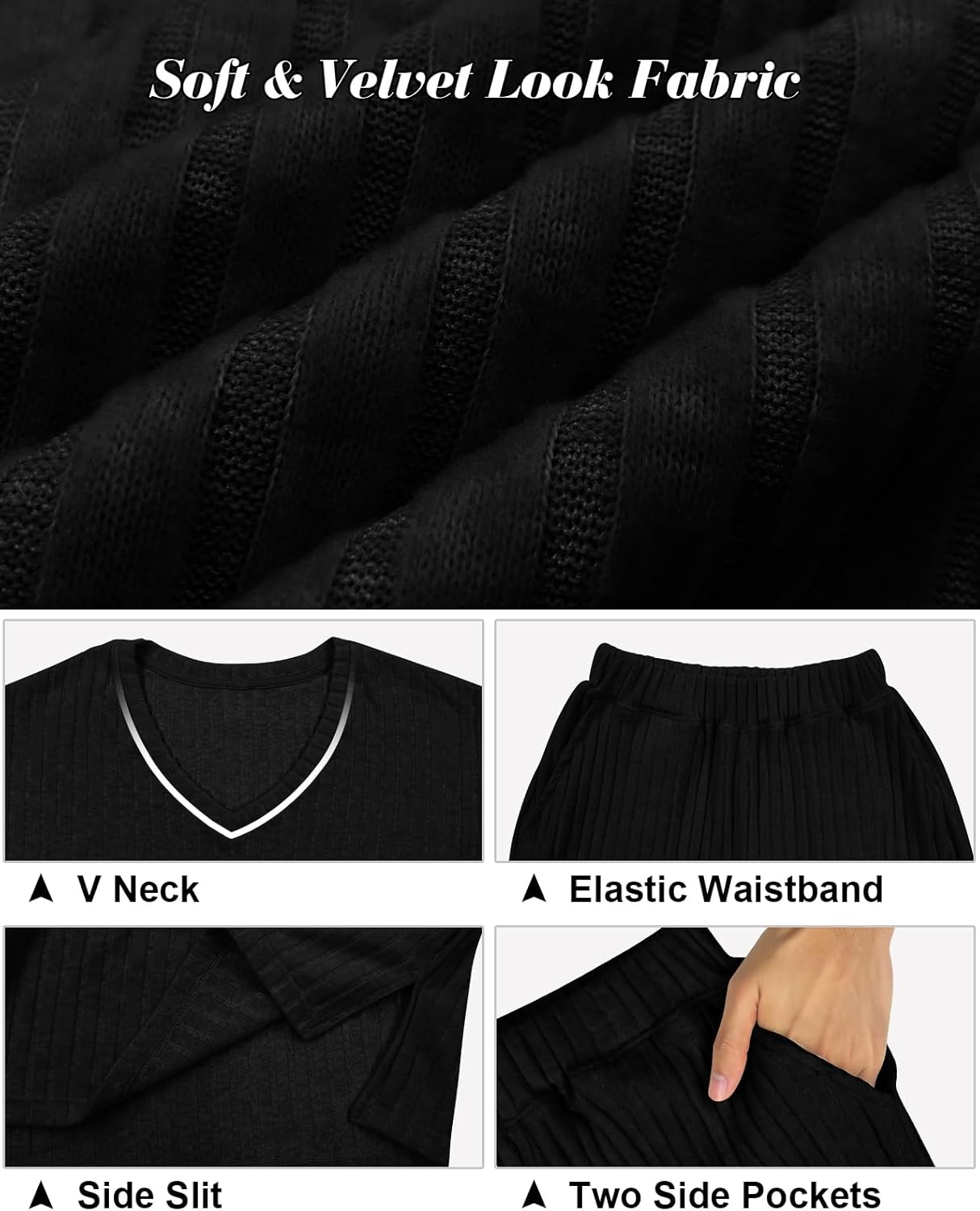 Lounge Sets for Women 2 Piece Ribbed Knit V Neck Long Sleeve Wide Leg Pants Loungewear Pajamas Fall Winter Outfits - Image 5