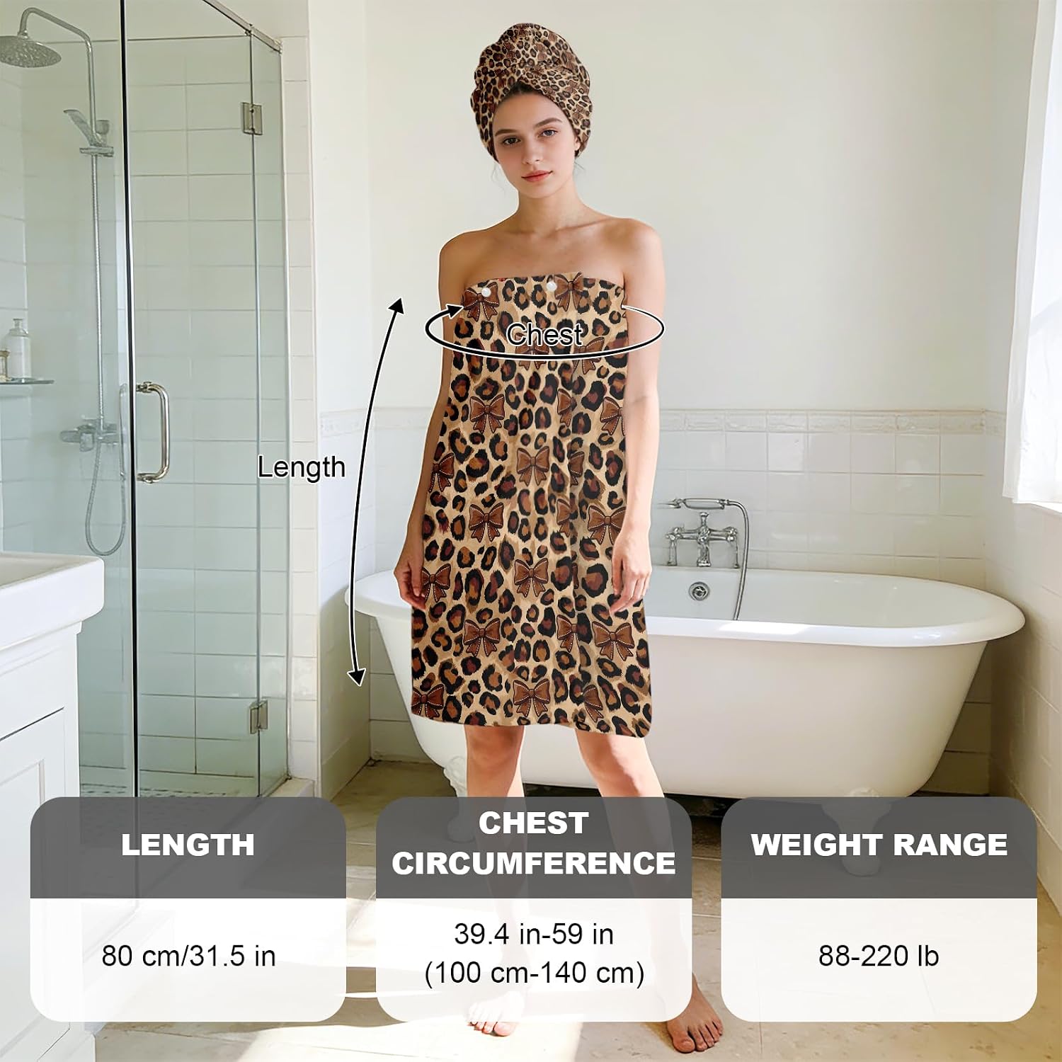 Absorbent Bath Towel Wrap Set (32 X 60 in), Leopard Bow Towel Wrap | Microfiber Soft Shower Robe Body Towel Wraps After Shower, Quick Dry Hair Towels Wraps for Women Girl Teen Spa Hotel Beach