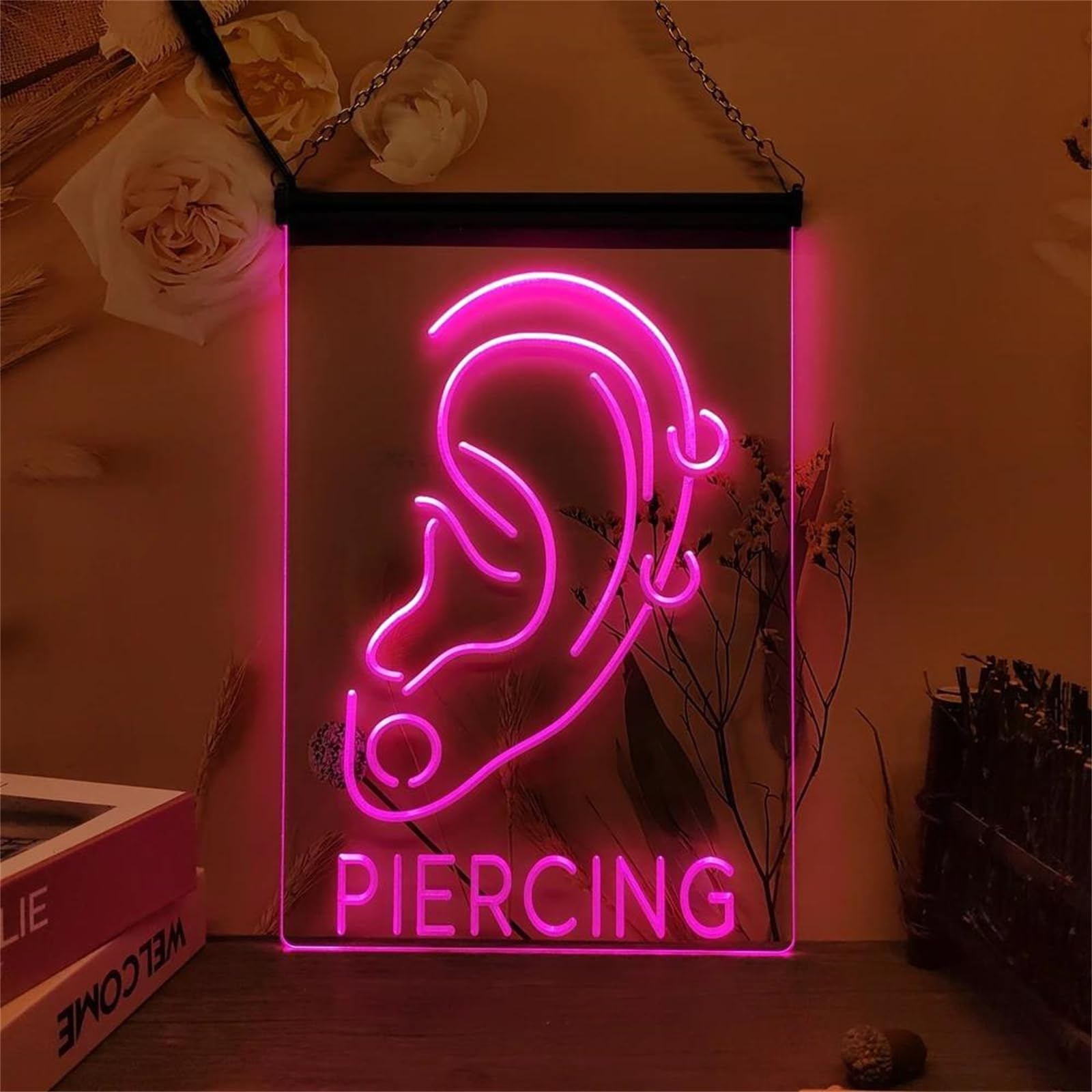 Tattoo Shop Neon Sign, 24 Key Remote Control Dimming RGB LED Neon Lights for Piercing Shop Wall Decoration USB Luminous Sign, 30X20cm,Piercing