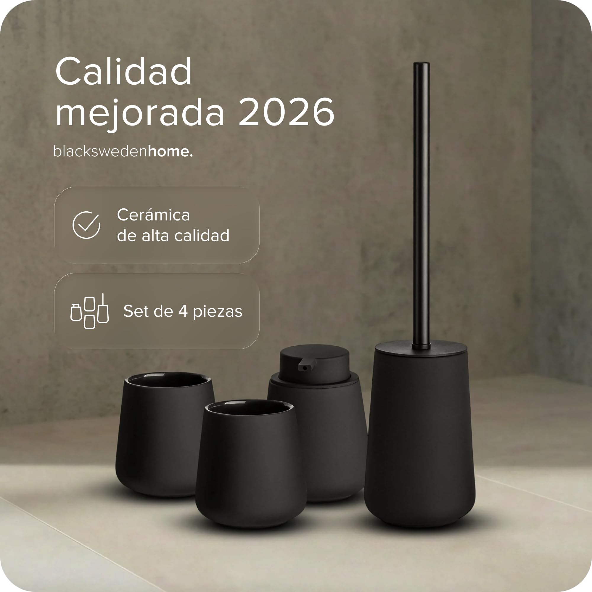 blackswedenhome. Set de Accesorios Baño - Dispensador jabon baño, 2 Vasos, Escobilla de Baño - Cerámica, Revestimiento Negro Mate, Diseño Nórdico - Decoración Baño