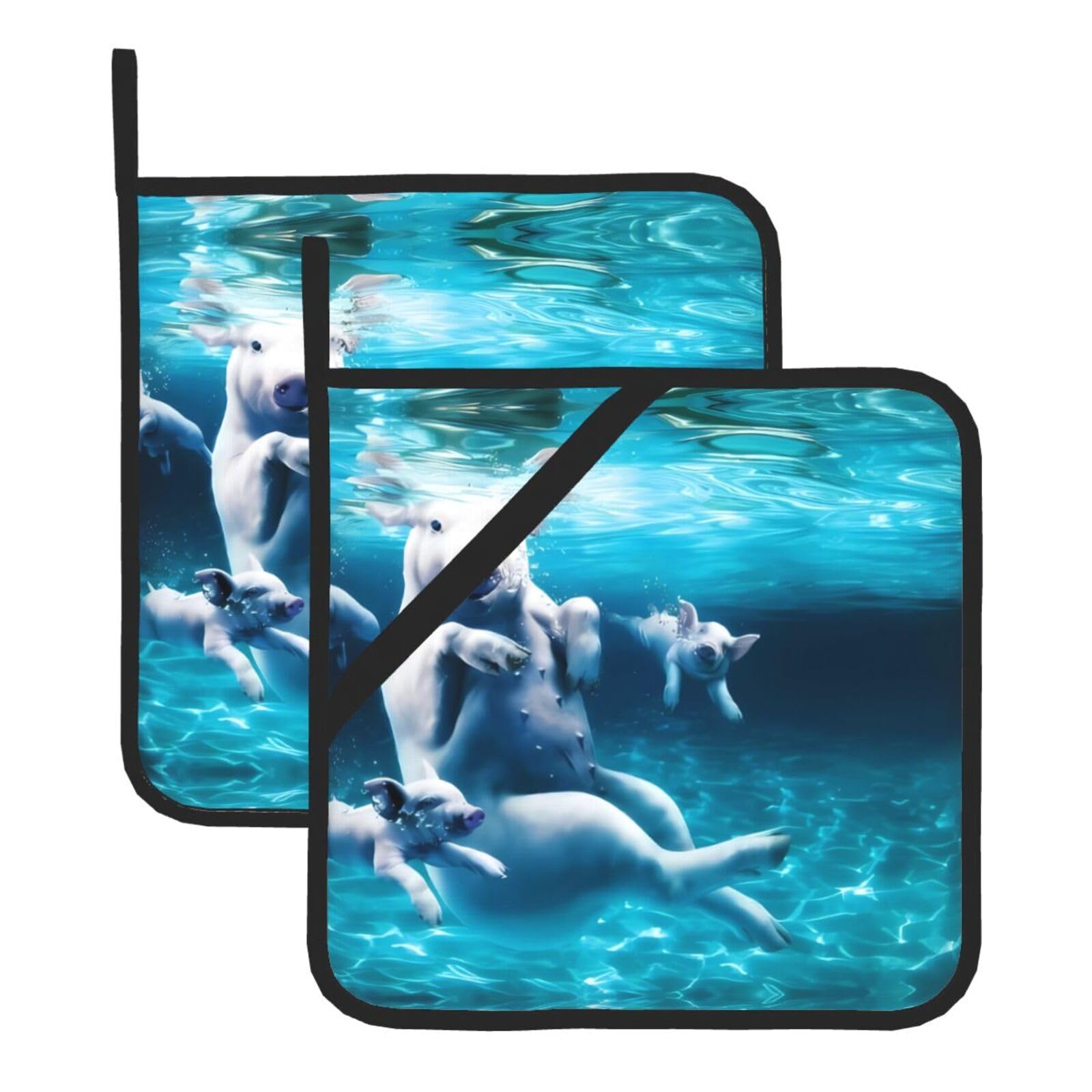 HJFCZH Swimming Pigs Prints Square Hot Pads for Kitchen Counter - Waterproof Pot Holders, Durable Heat Resistant Throw Layers for Serving, Oven & BBQ - 2 Pack