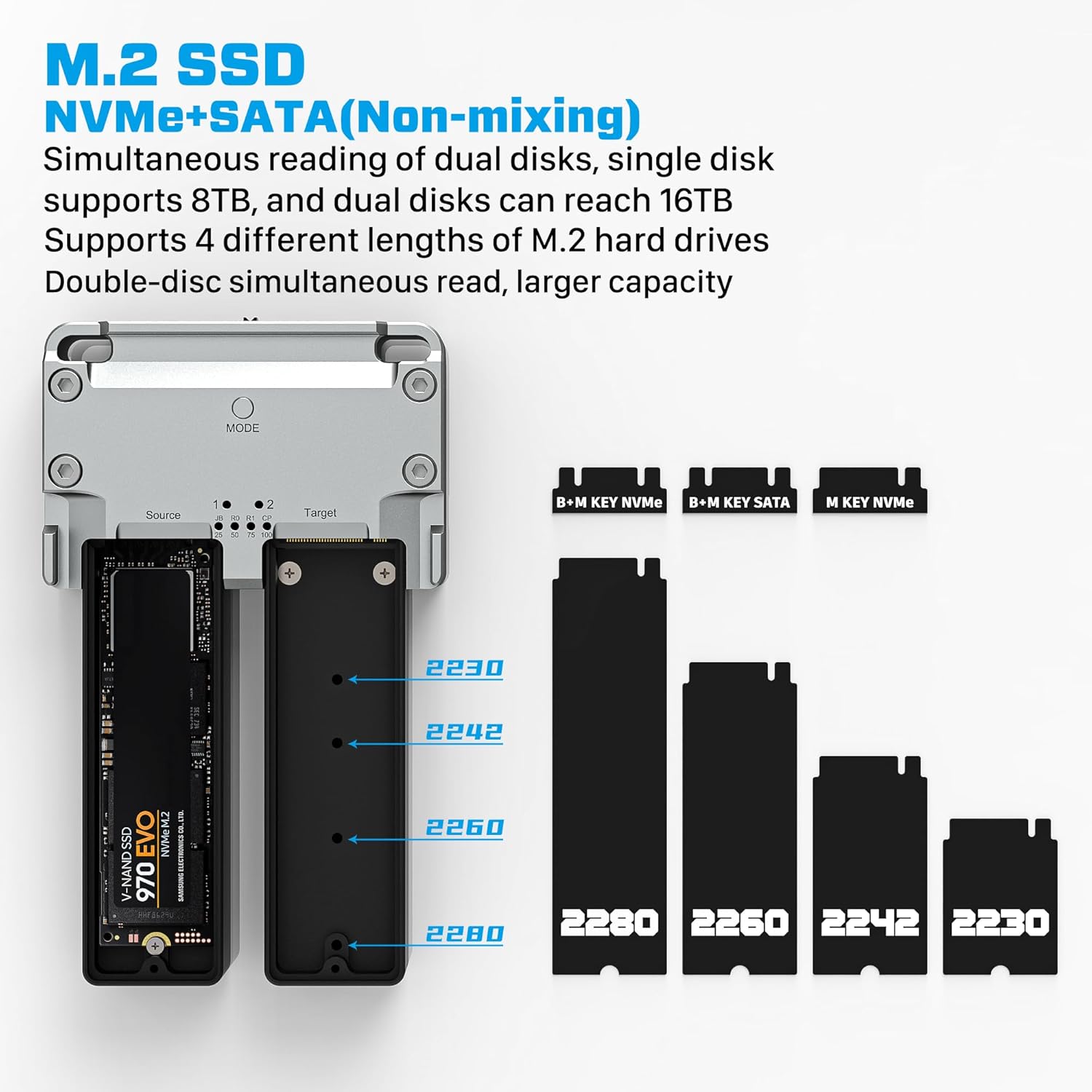 M.2 SSD Enclosure Offline Cloning M.2 Dual Disk Array NVME/SATA Enclosure 8T PD100W 10Gbps SSD Docking Station Reader