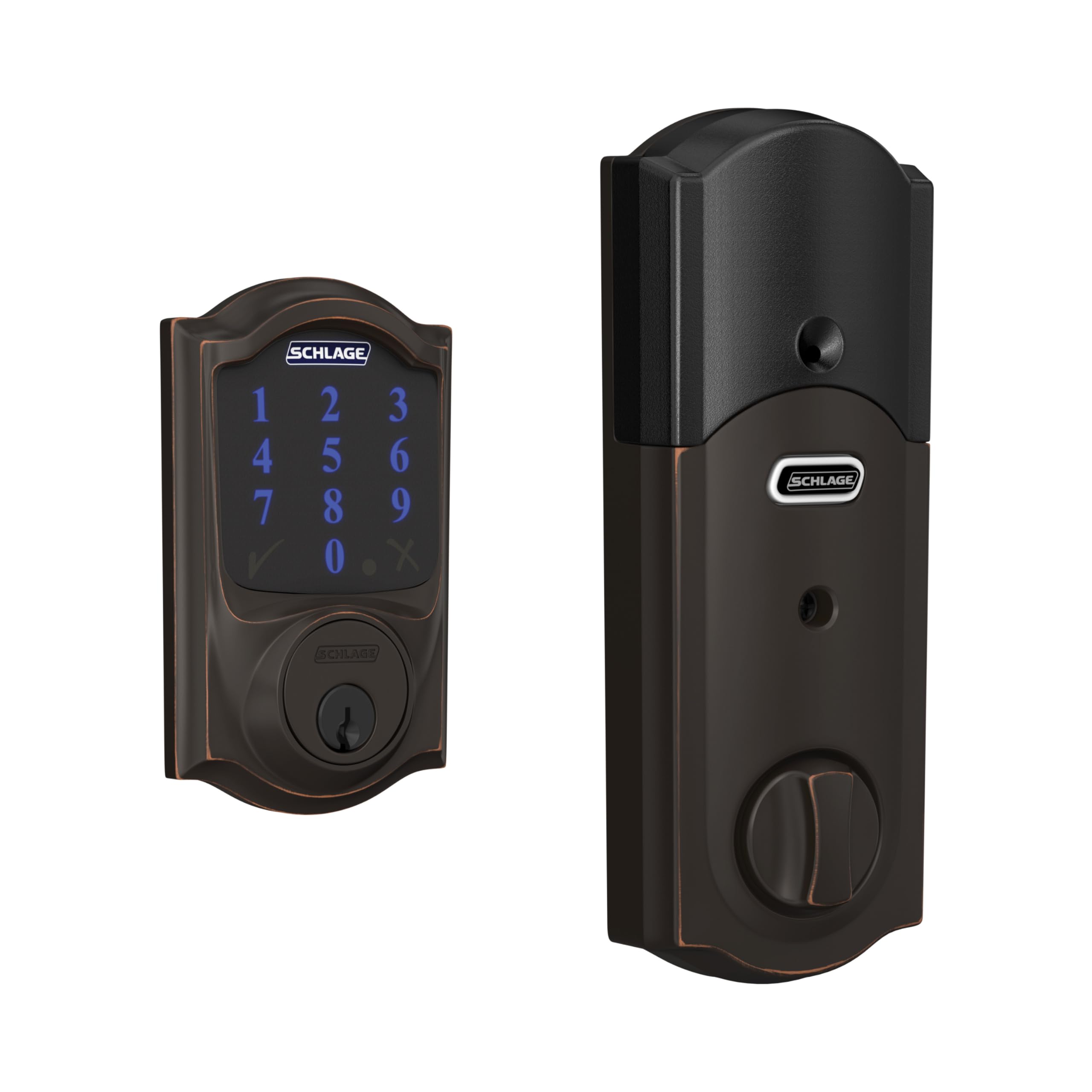 Schlage Connect Smart Deadbolt Lock with Touchscreen Keypad, Keyless Front Door Entry, Z-Wave Plus Compatible, Aged Bronze, BE469ZP CAM 716 Aged Bronze Camelot Z-Wave Plus