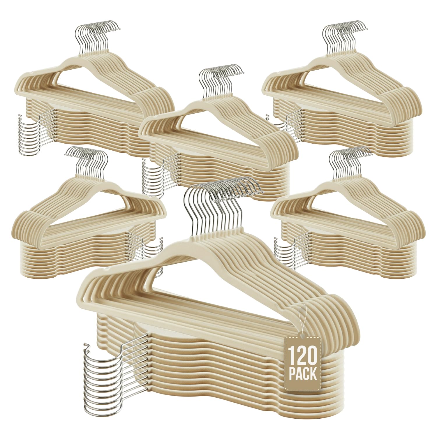 COM-FORT HOUSE- Perchas Terciopelo Antideslizantes- Pack 120 Unidades- Color Beige- Diseño Ultrafino Ahorra Espacio - Gancho Giratorio 360° - para Trajes, Vestidos, Camisas