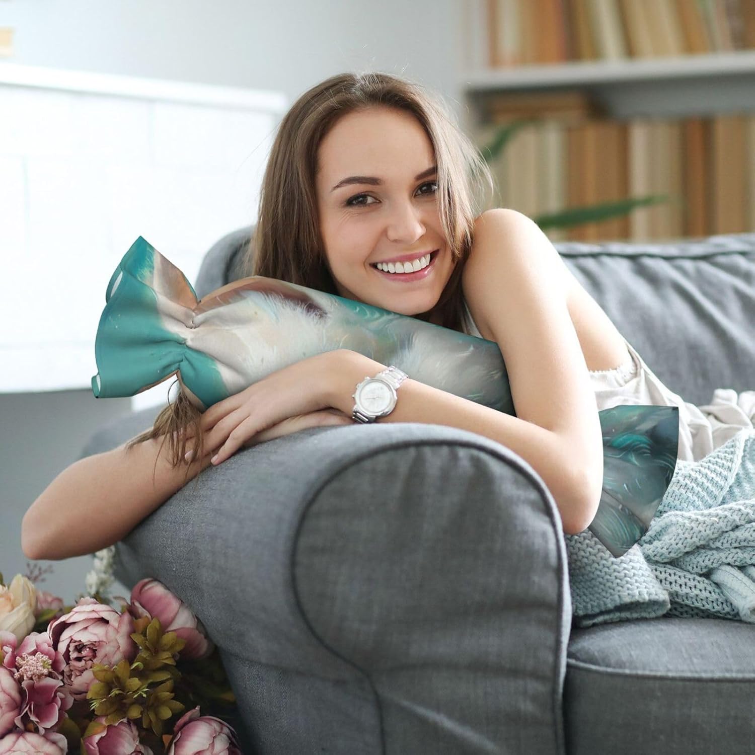 Cute White Rabbit Print Candy Cylindrical Comfortable Pillow Throw Pillows Home Decor Easy Maintenance