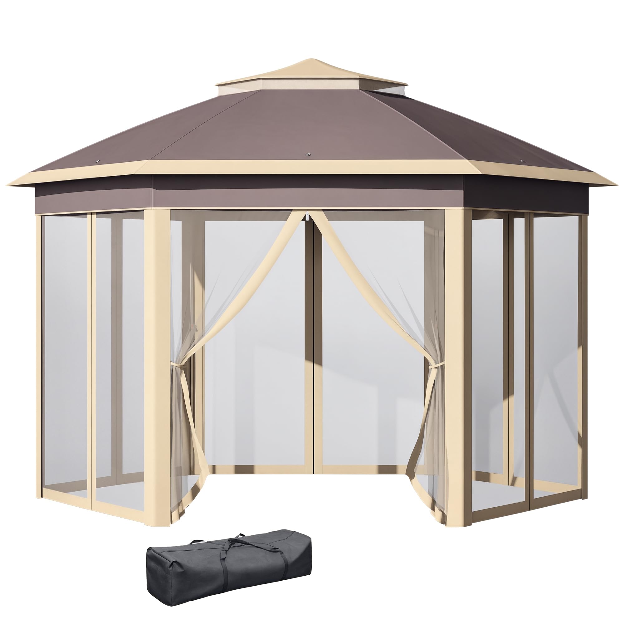 Outsunny Tonnelle Pliable 4x3,4x2,85 m Pavillon de Jardin Hexagonal avec Double Toit 6 Moustiquaires Démontables Sac de Transport Hauteur Ajustable sur 3 Niveaux et Anti-UV Gazebo pour Fête Patio