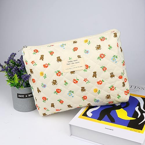 Miniatura 6 de VIWIME Bolsa de cosméticos de maquillaje, bolsa grande acolchada de algodón, coqueta de viaje, bonita bolsa de maquillaje floral para mujeres (103 -