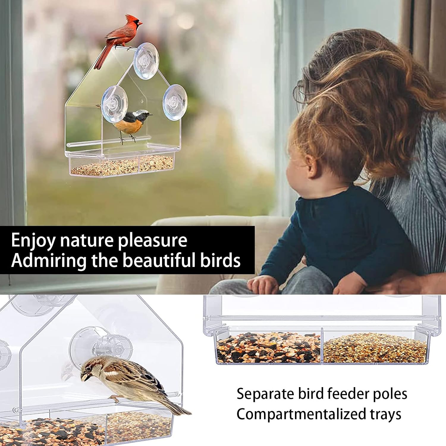 Clear Window Bird Feeder, Squirrel Proof Window Bird Feeders with Strong Suction Cups Removable Sliding Seed Tray, Fits for Wild Birds. Best Gift - Window Tray Bird Feeder.