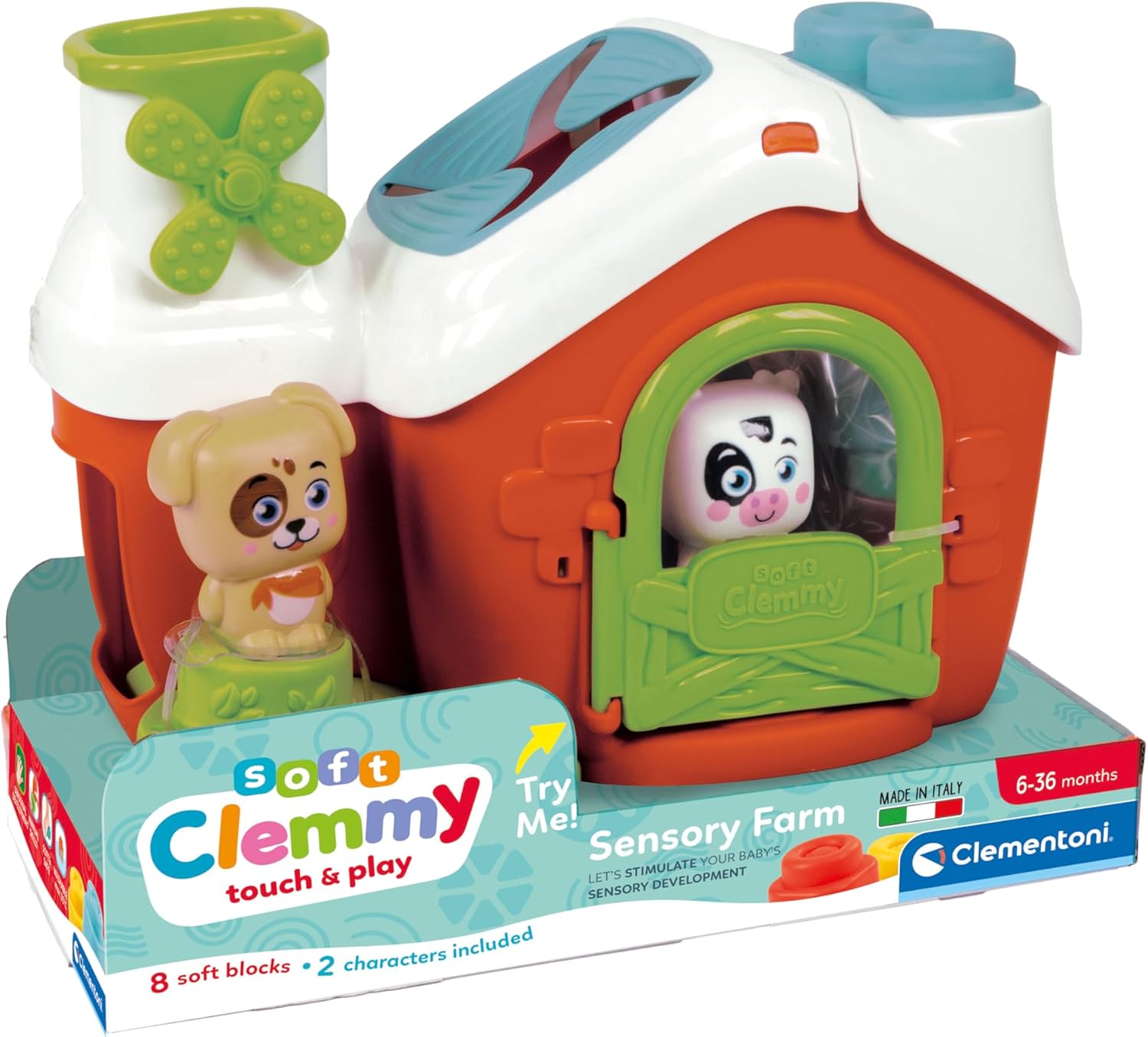 Clementoni Soft Clemmy - Touch & Play, Sensory Farm, Play Set Early Childhood Made in Italy, Children 6-36 Months, 100% Washable Soft Bricks, Toy for Developing Manual and Logic, 17993