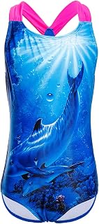 Girls Race Back Bathing Suits One Piece Swimsuit Animal Print Swimwear, Size 4-14