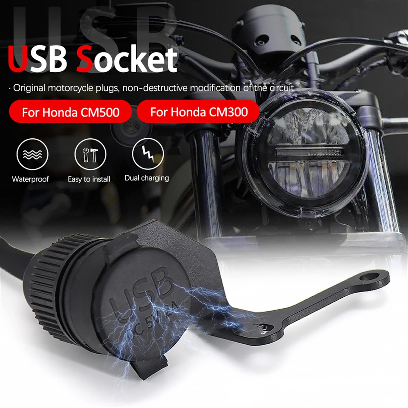 STATUZ Für Honda cm 300 cm 500 Rebel CM500 CM300 Motorrad Dual USB Ladegerät Adapter Telefon Ladegerät Doppel USB Port Zubehör (Color : USB and Bracket)